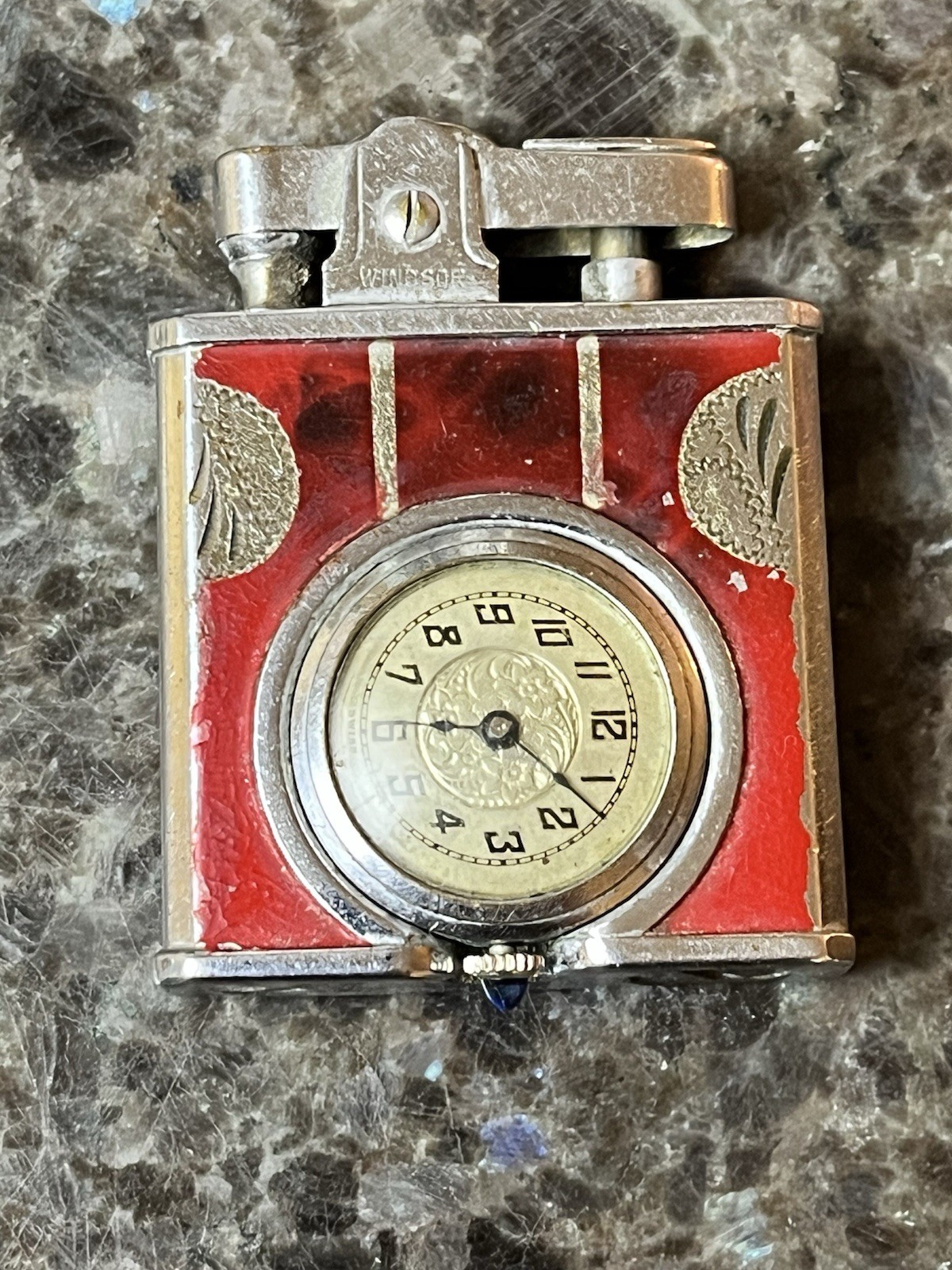 Vintage Art Deco 1950’s Windsor Watch Lighter Enamel Engraved Jeweled