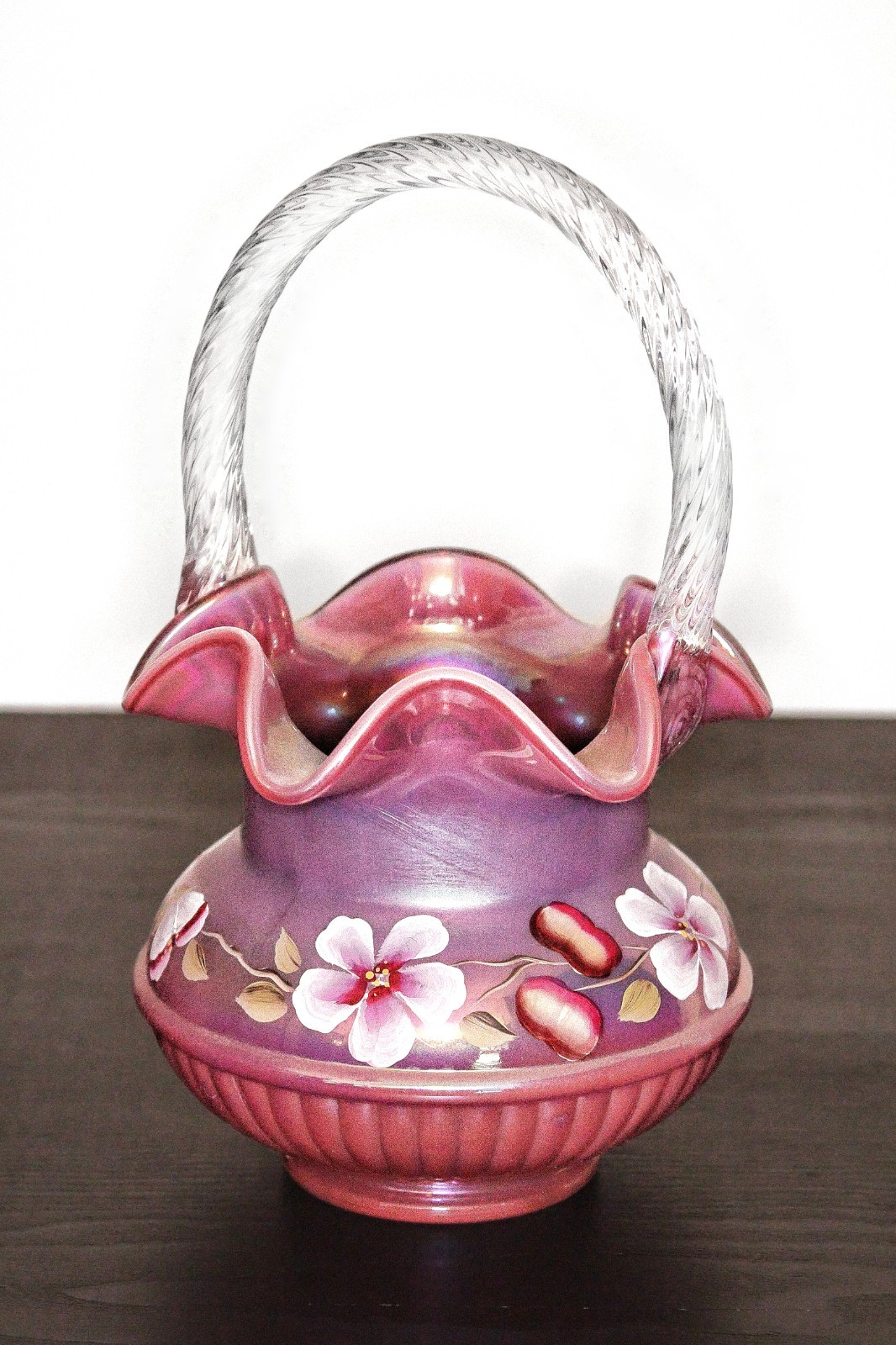 Rare Fenton 2006 Raspberry Opalescent Iridized Basket HP Adam's Rib Basket