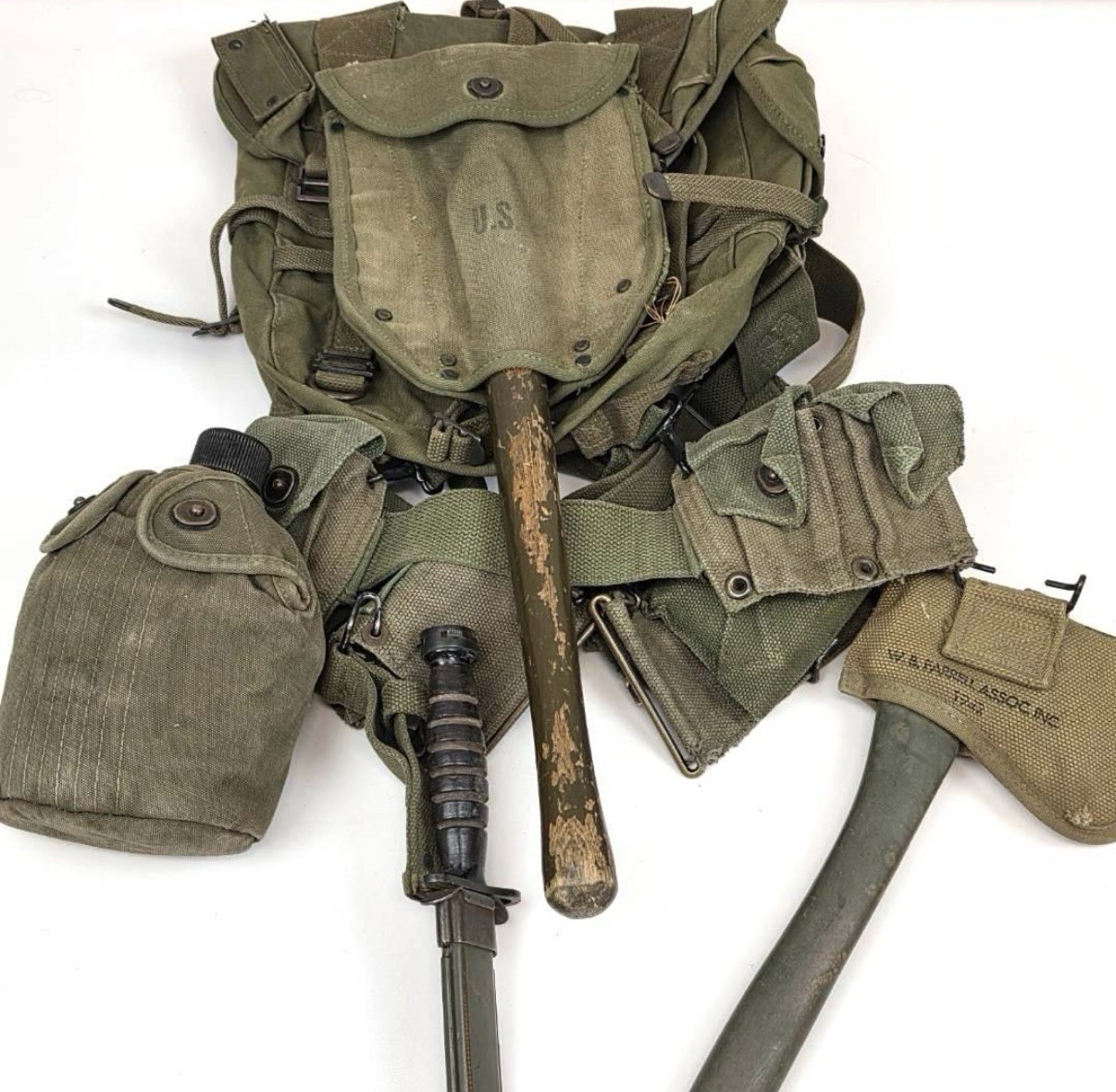 WWII US Army Field Gear Lot M1945 Pack Bayonet Shovel Axe Canteen Web Gear