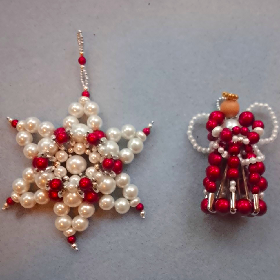 2 Beaded Hanging Christmas Ornaments Red White Star & Angel, Beads Set