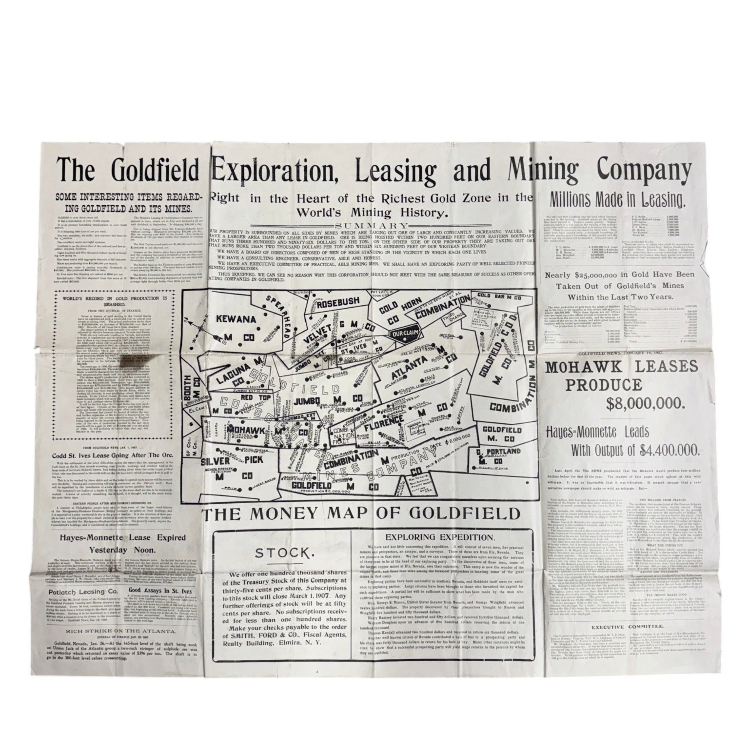 1907 Goldfield Nevada Mining Prospectus w/Map - Exploration & Leasing Co. 1907 Goldfield Nevada Mining Prospectus w/Map - Exploration & Leasing Co.