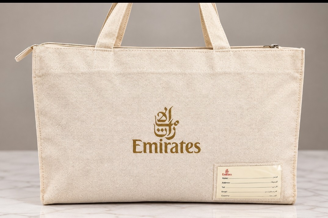 NEW RARE Set 2 Emirates First Class Travel Tote Bags Zip Top Airline Collectible