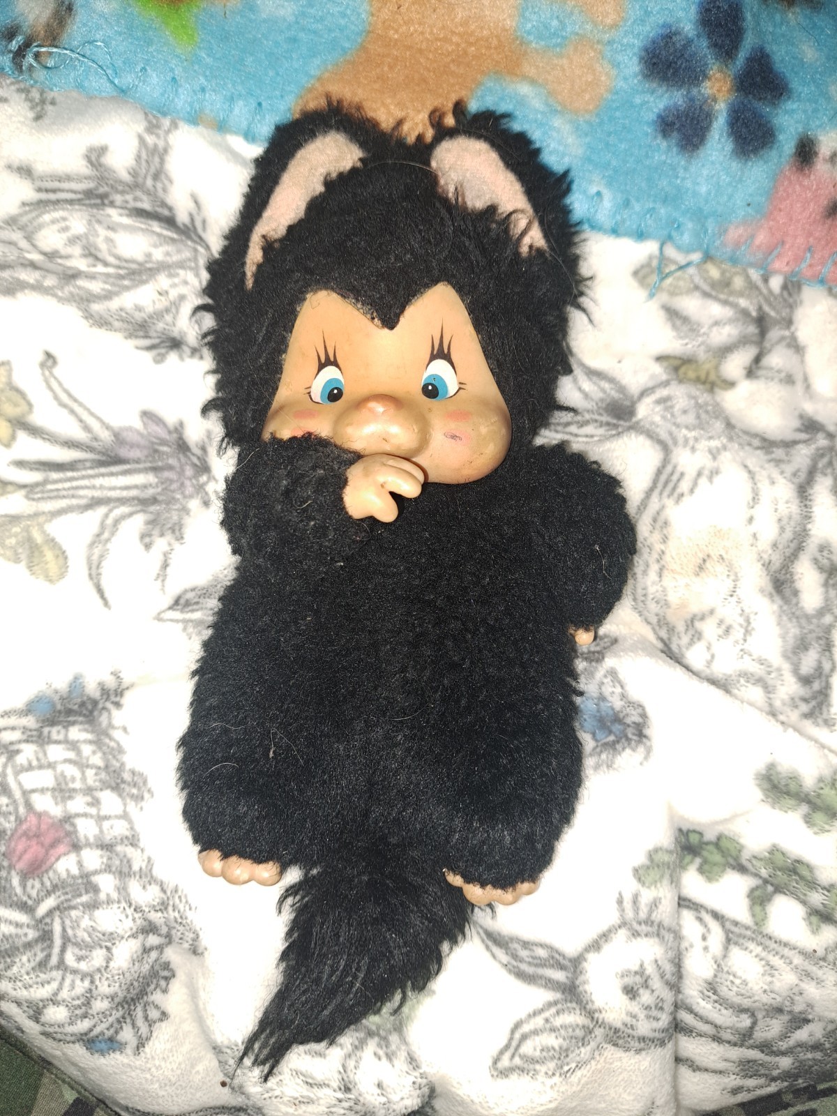 Vintage Monchhichi Nyamy Washino Black Cat Plush Doll 7” Sucking Thumb 1979