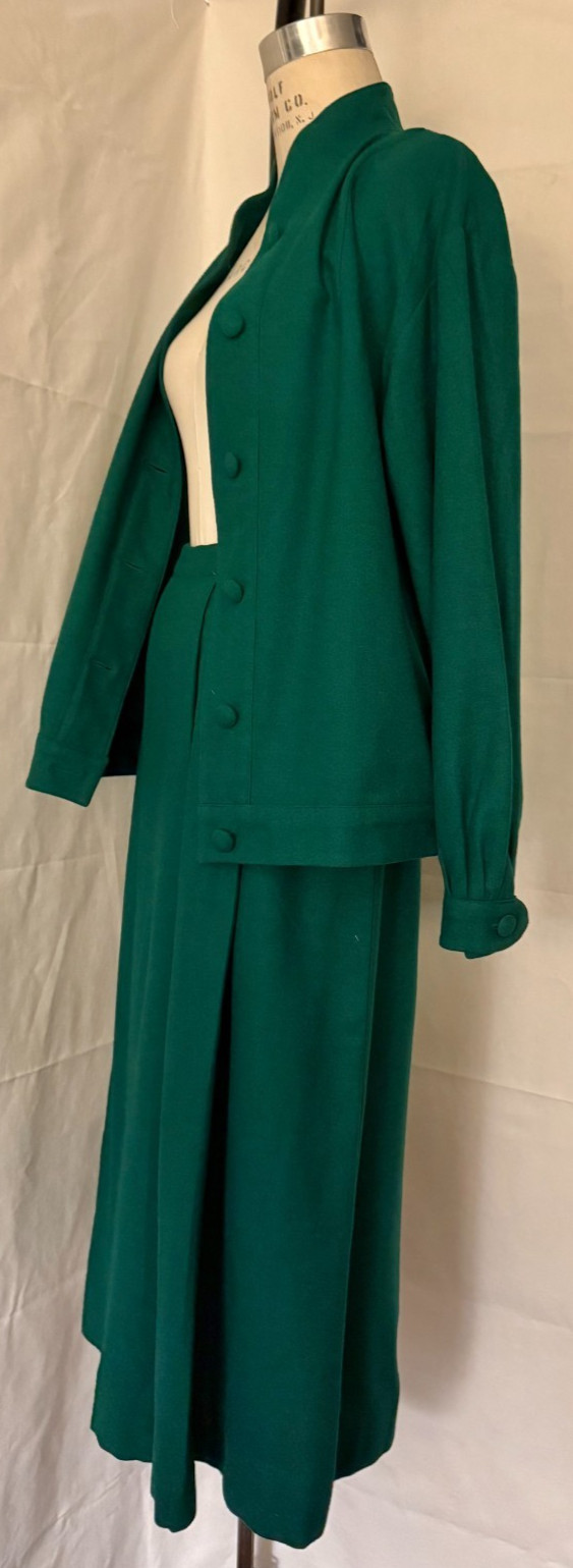 Vtg. Early 1950s GREEN WOOL FLANNEL 2 pc. SUIT,  CLASSIC TAILORED, by DOLL HOUSE