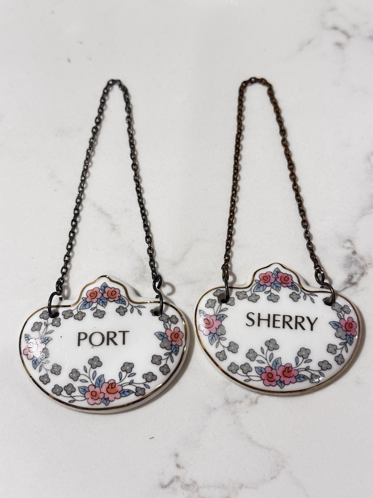 2 Vintage Kingsley Bourbon & Brandy Bone China Decanter Bottle Label Tags