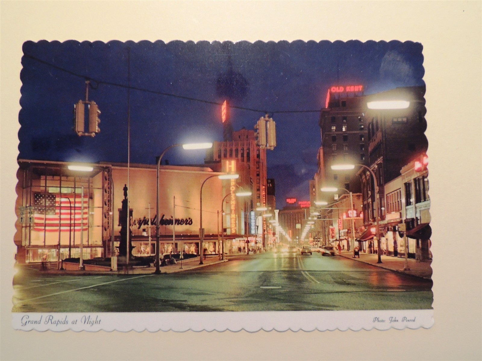 Grand Rapids Michigan vintage postcard nighttime view in downtown district 1967