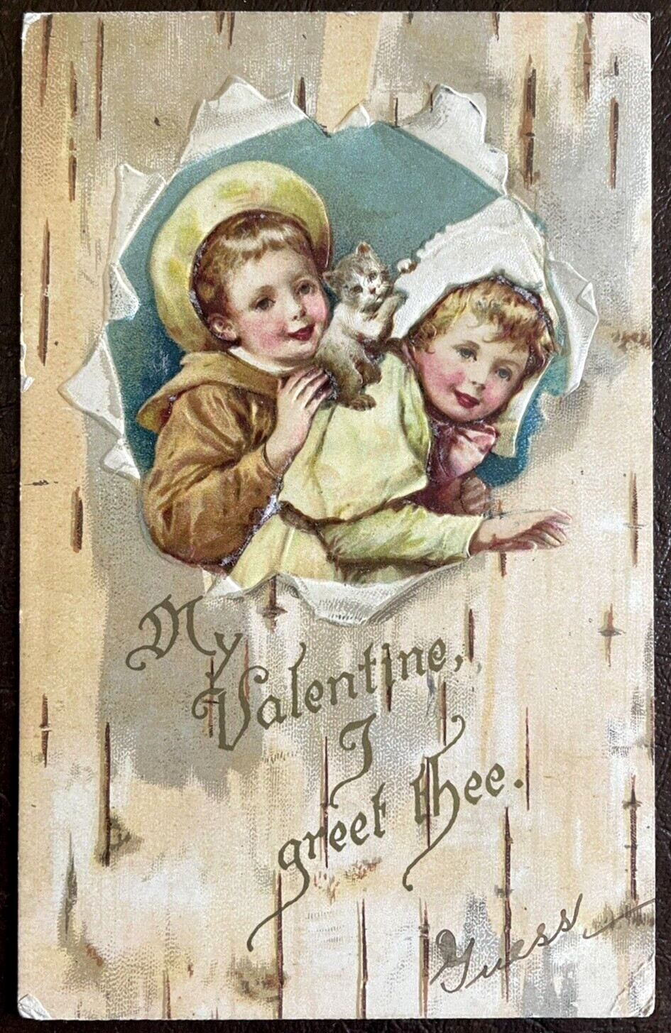 Postcard Valentine Children and Kitten Embossed Undivided Back 1908 Antique