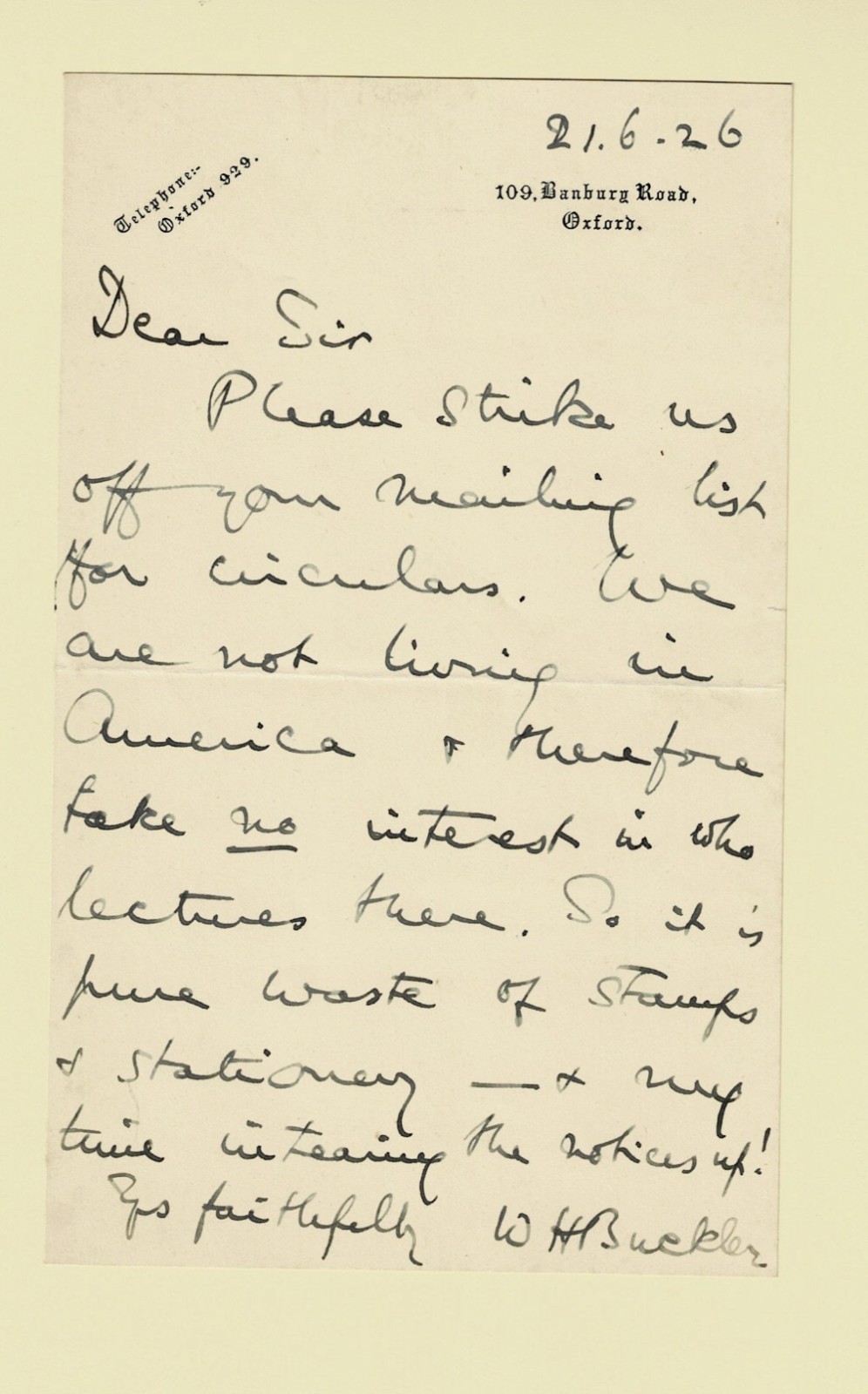 AUTOGRAPH LETTER by American diplomat & Archaeologist WILLIAM HEPBURN BUCKLER