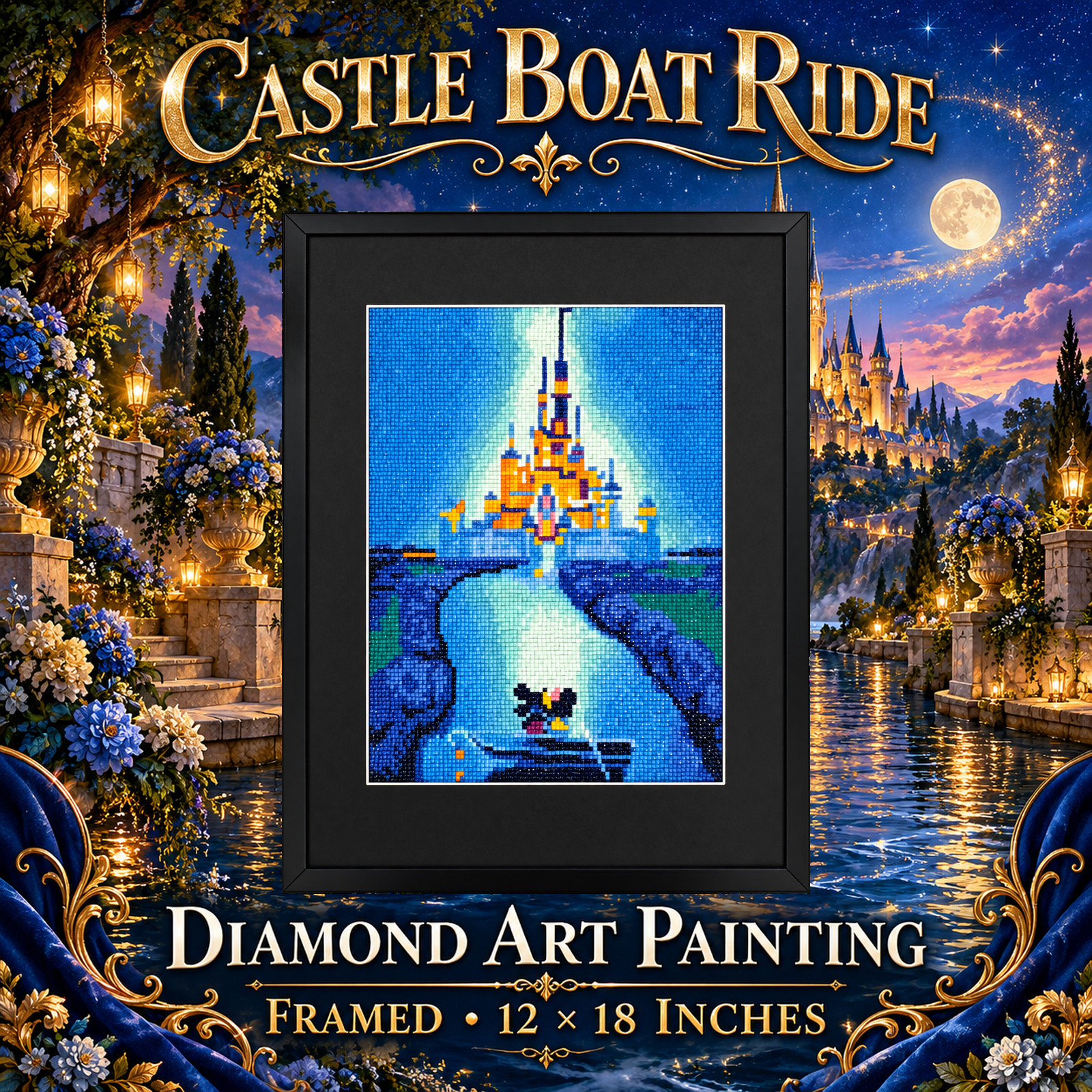 Mickey Minnie Mouse Castle Boat Diamond Art Painting Completed Framed 12x18