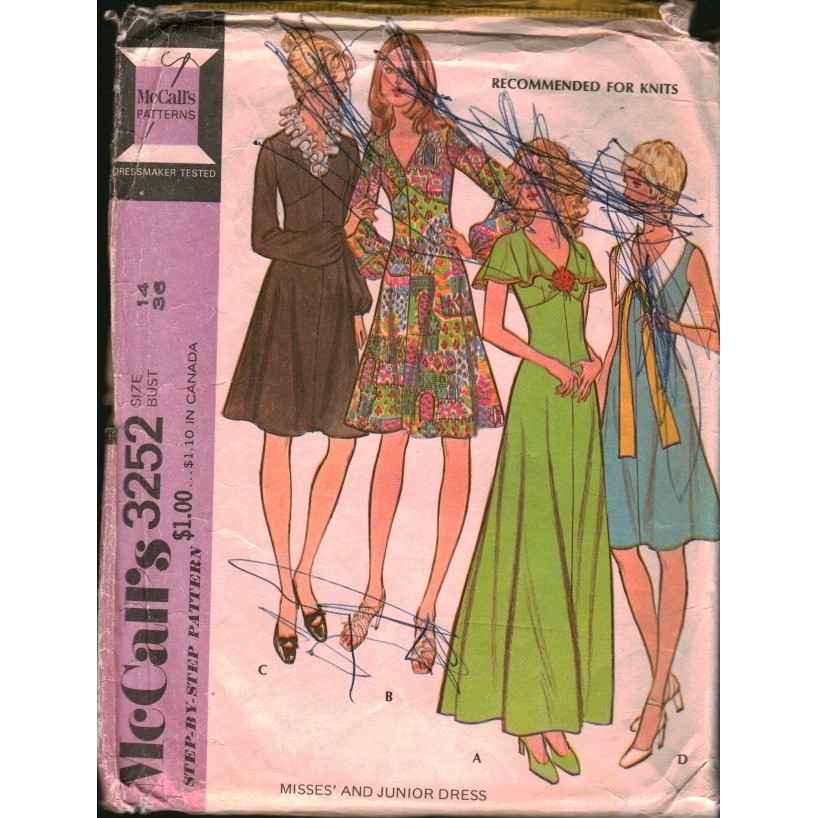Vintage 1972 McCalls 3252 Sewing Pattern Misses Junior Dress Knit Maxi Size 14