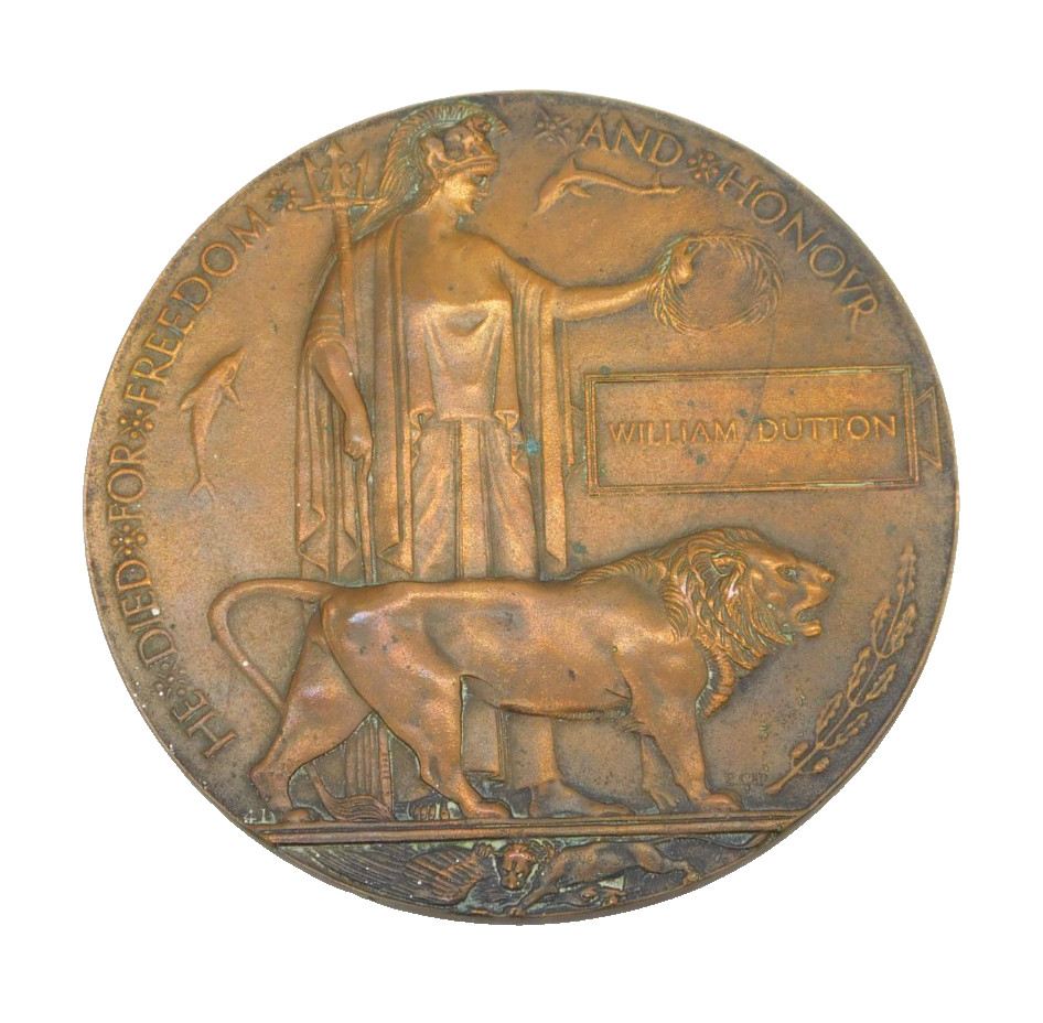 WW1 British Army Bronze Death Plaque Penny \'William Dutton\' Antique c1915