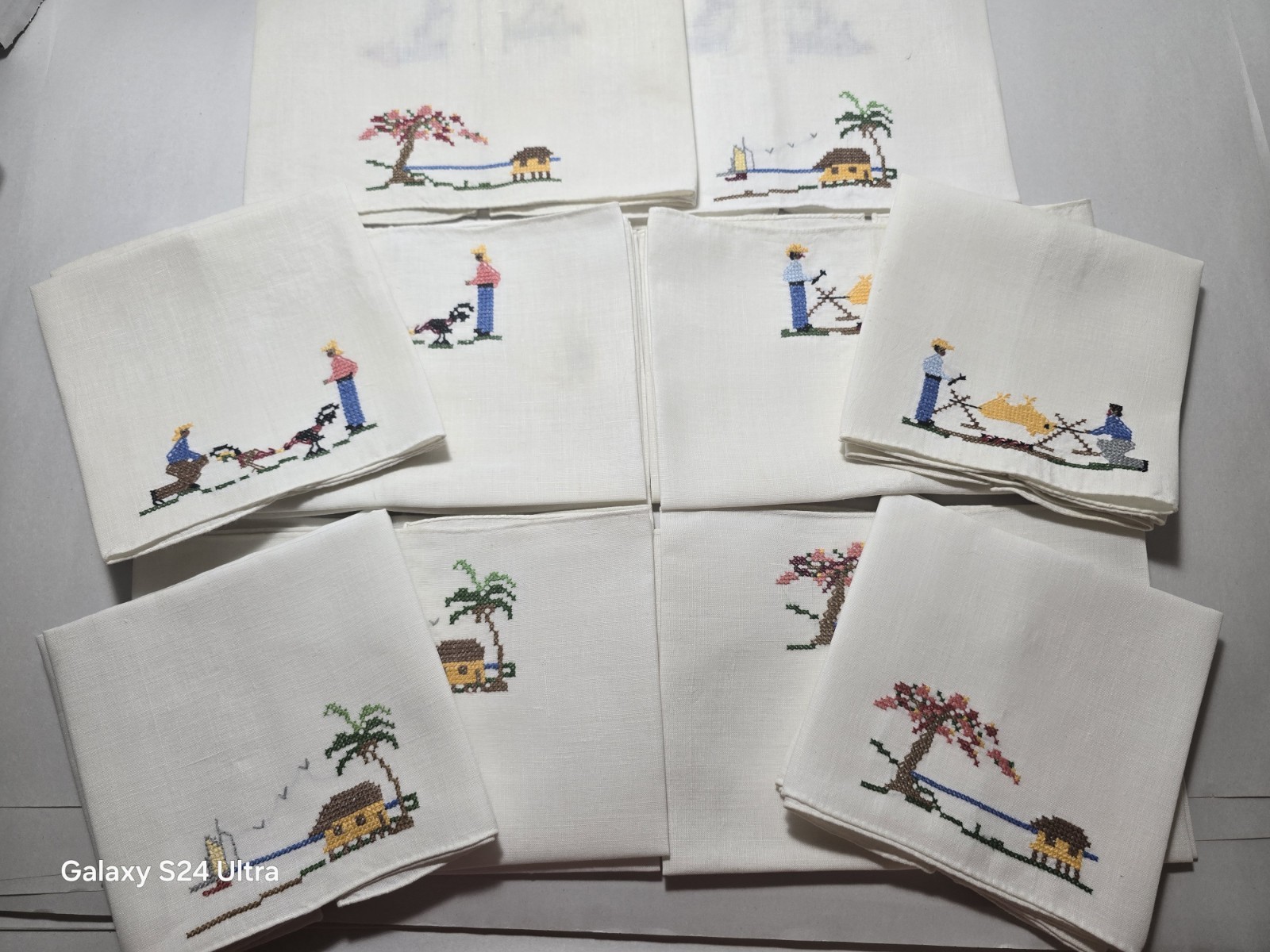 VTG 100% Linen 14pc Tropical Island Set Hand Cross Stitch Table Set