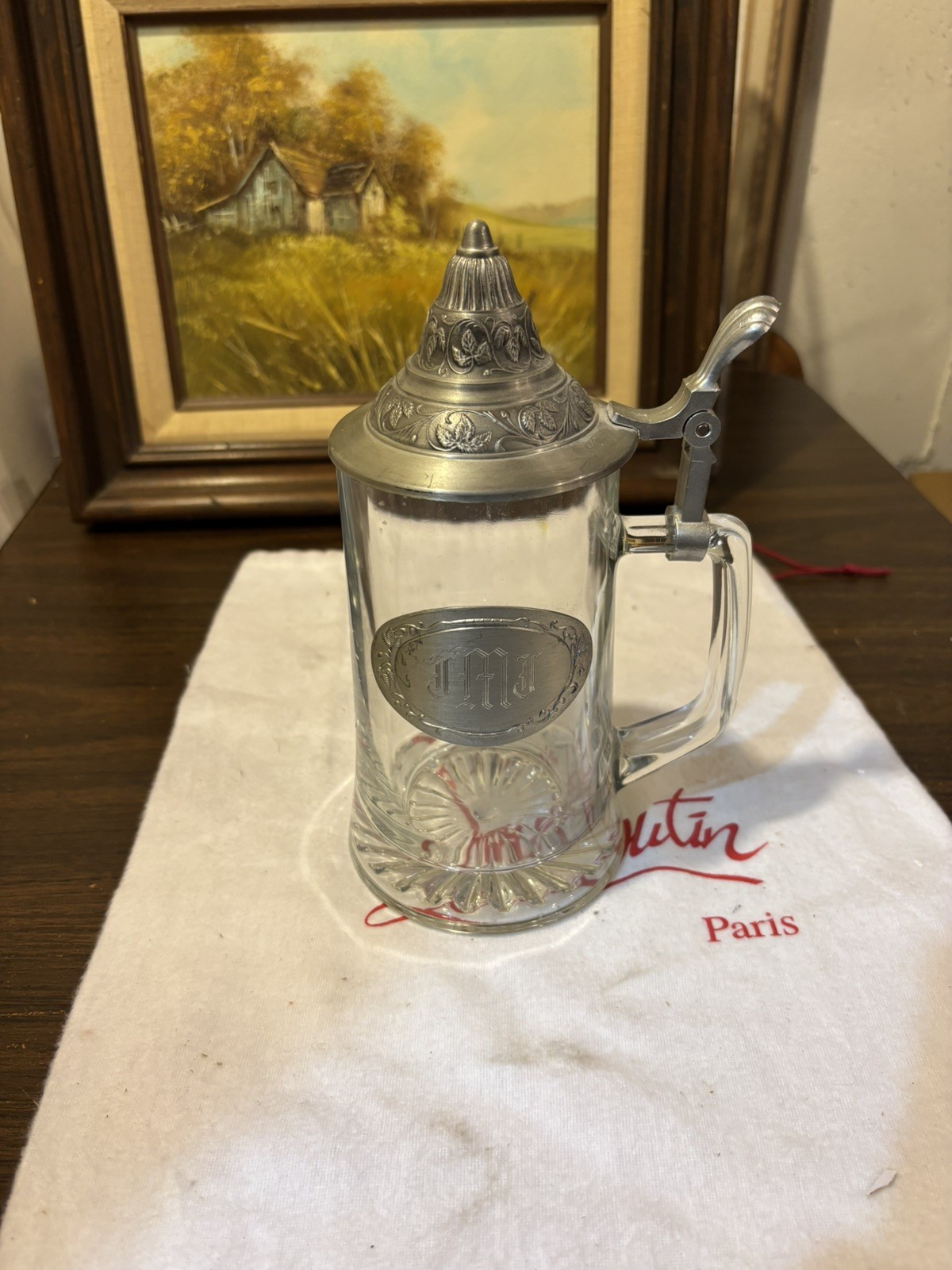 Vintage Transparent Glass Beer Stein JMJ Monogram Ornate Metal Lid Unique Mug