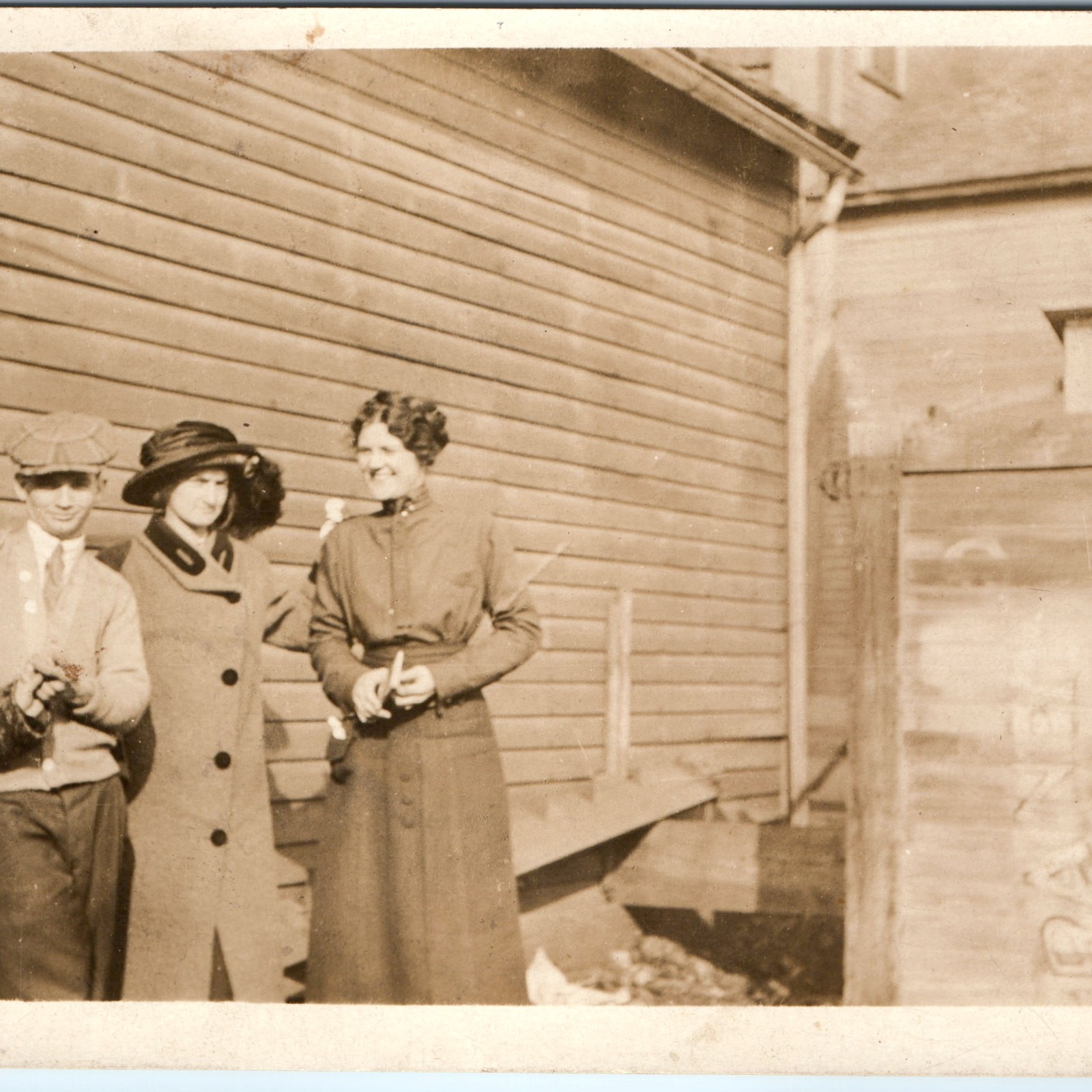 c1910s Group of Four Friends RPPC Postcard Fashion Hats Flat Cap Photo Portrait
