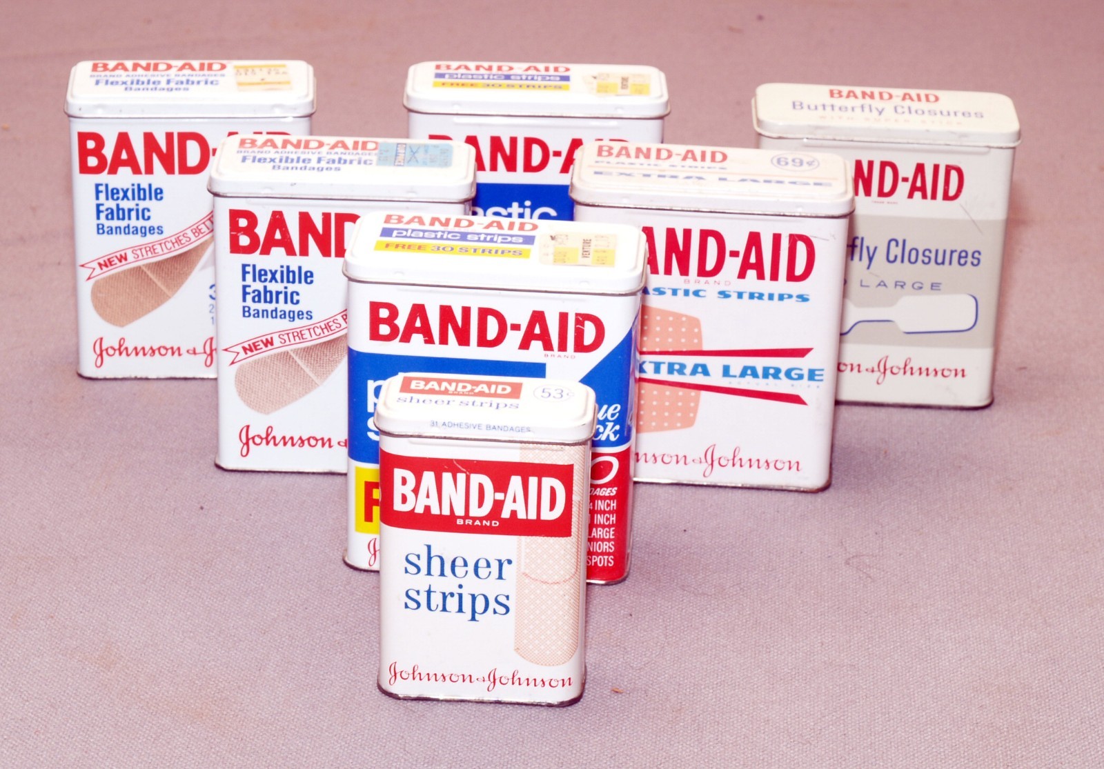 FREE SHIPPING Lot of Seven Vintage Empty Band-Aid Hinged Tin Boxes 1970s-80s