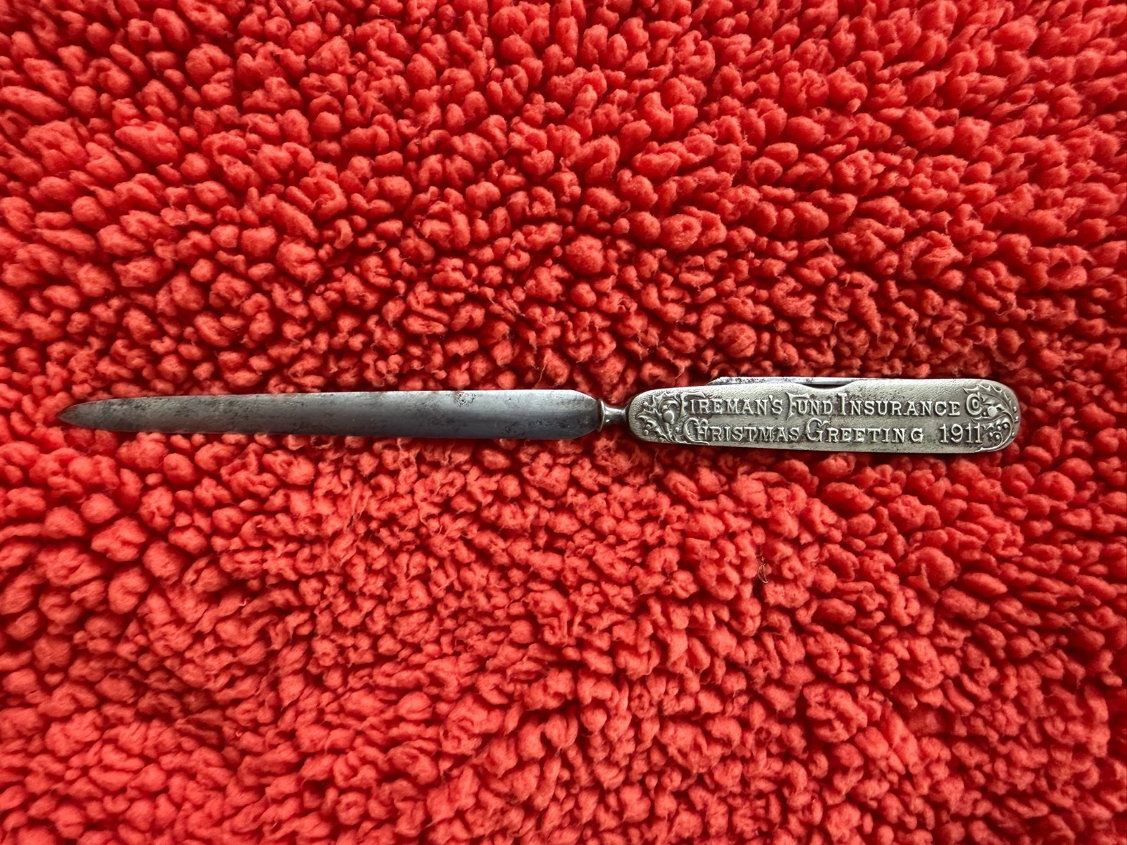 Fireman's Fund Insurance 1911 Christmas Greeting Silver Letter Opener Knife 