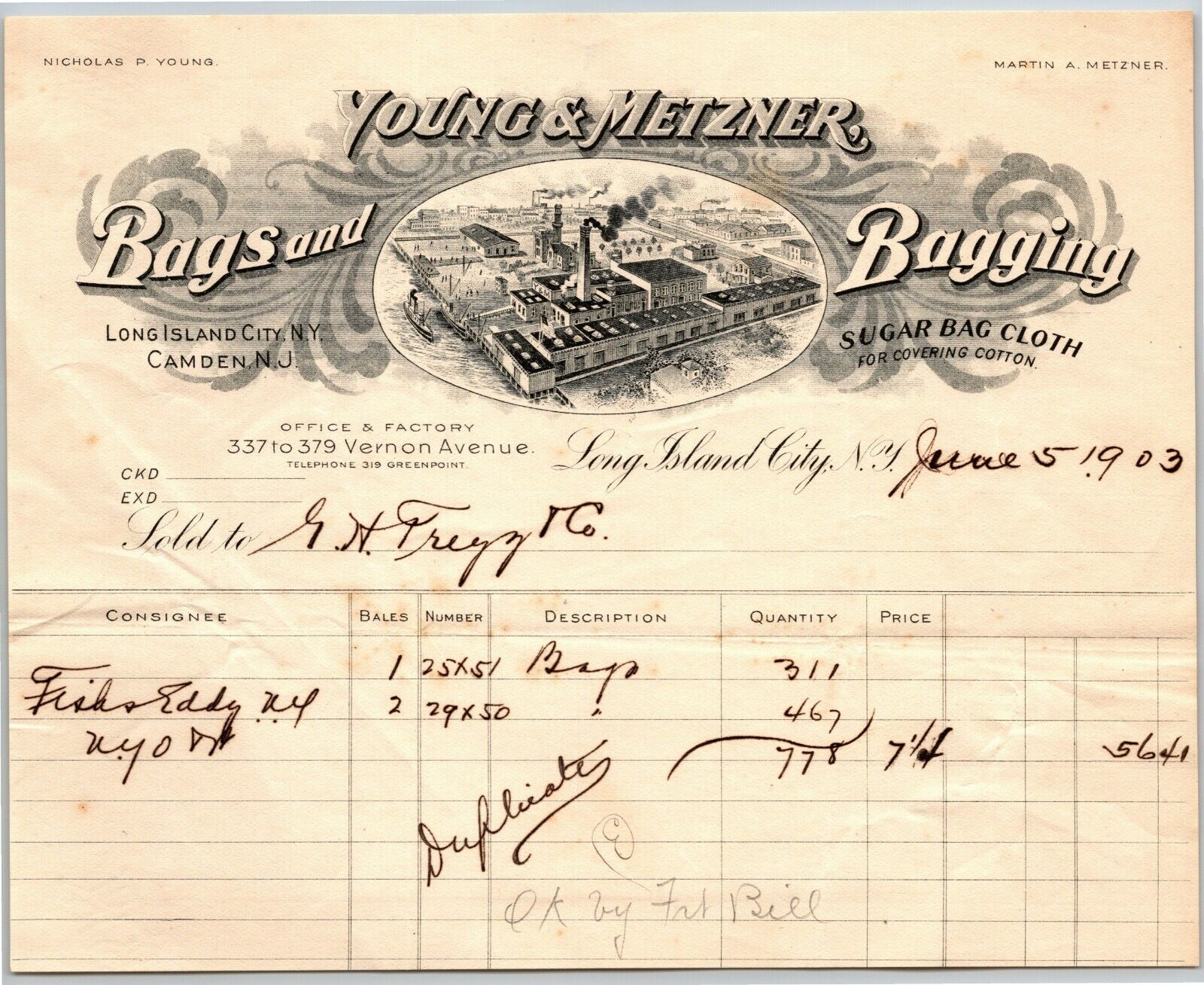 Scarce Long Island City NY Letterhead Billhead 1903 Young & Metzner Cloth Bags 