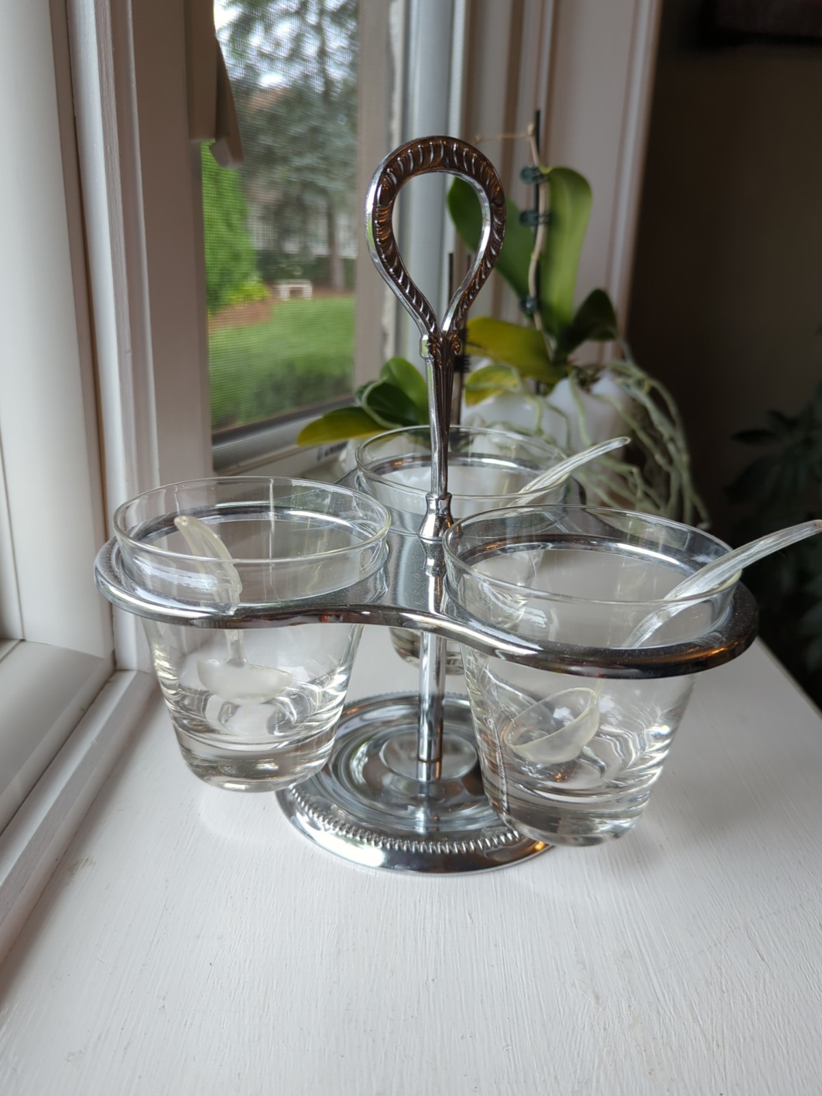 Vintage Irvinware Condiment Caddy Server Lazy Susan Glass Chrome MCM Relish USA Vintage Irvinware Condiment Caddy Server Lazy Susan Glass Chrome MCM Relish USA