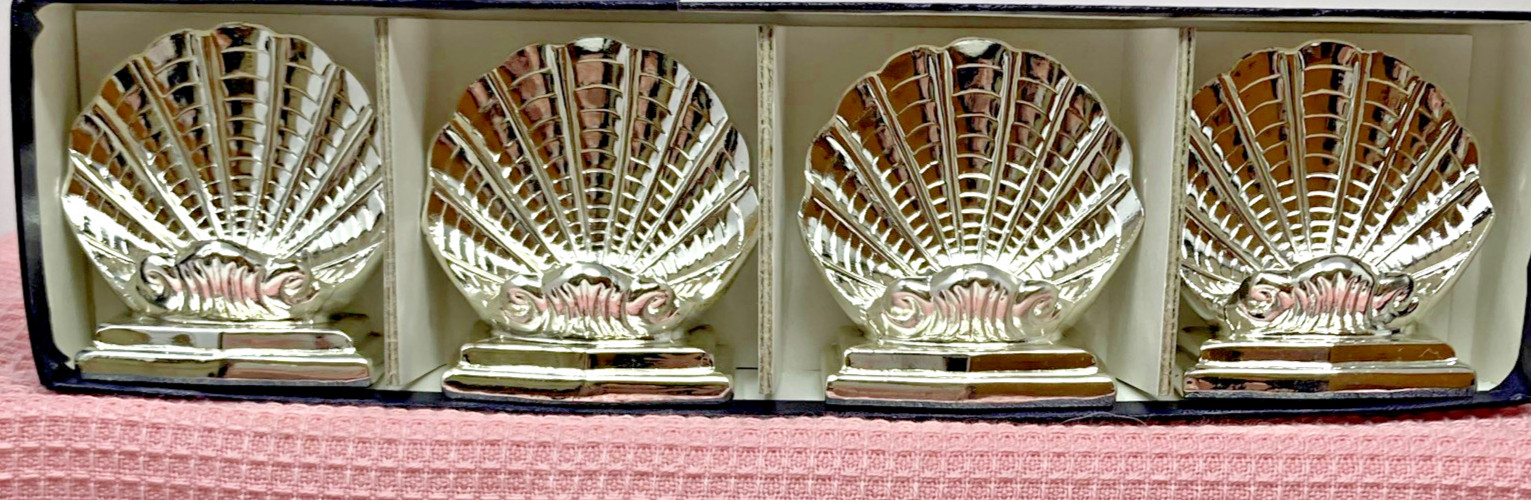 VintageJapan Set of 4 Tarnish-Resistant Silver Tone Seashell Place Card Holders