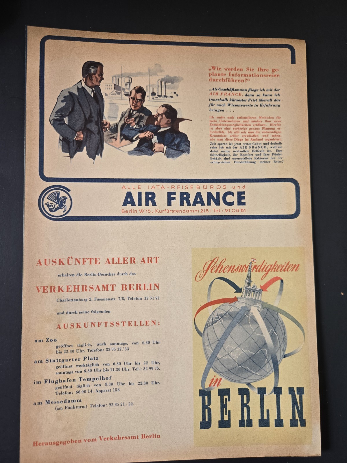 1950\'s Vintage GERMAN AIR FRANCE TRAVEL ADVERTISING PRINT