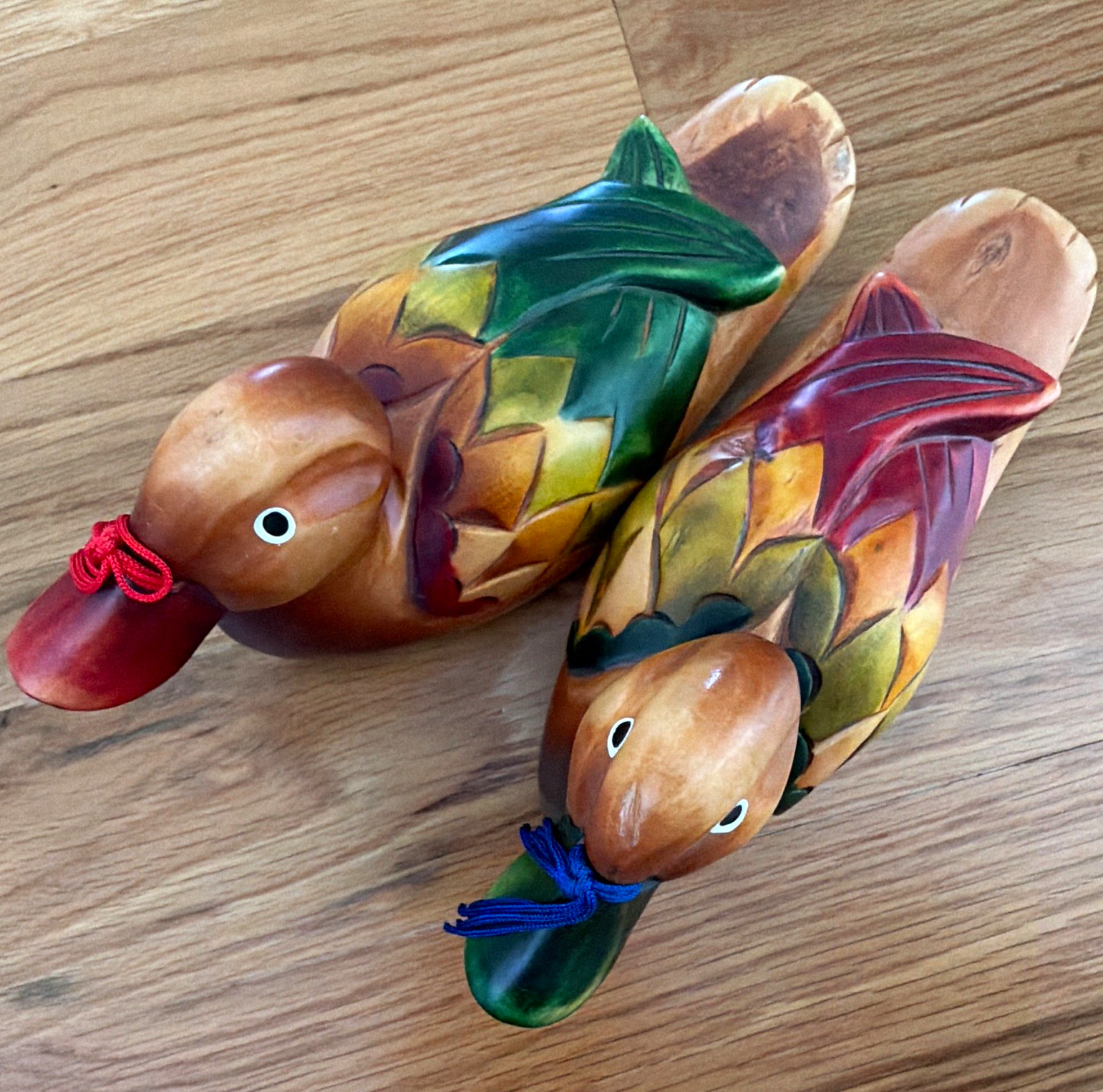 Vintage Korean Wedding Ducks Hand Carved Painted Wood Art Approx 8 in