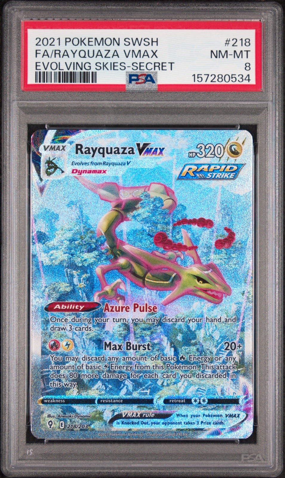 PSA 8 RAYQUAZA VMAX 218/203 | Evolving Skies Alt Art Secret Rare Holo ENG