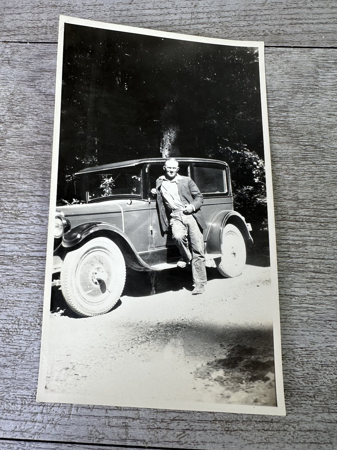Vintage VELOX Photo Man Leaning on Ford Model A Car Snapshot 1920s 1930s