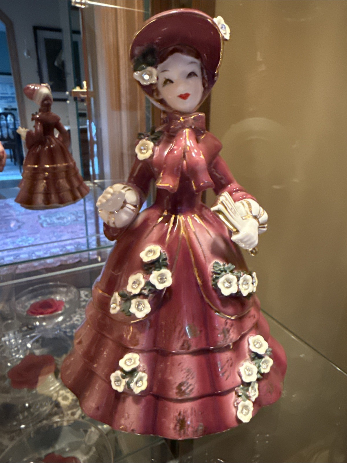 70 Y.O. Lefton 1956 Southern Belle Porcelain Figurine Rhinestone Dark Magenta