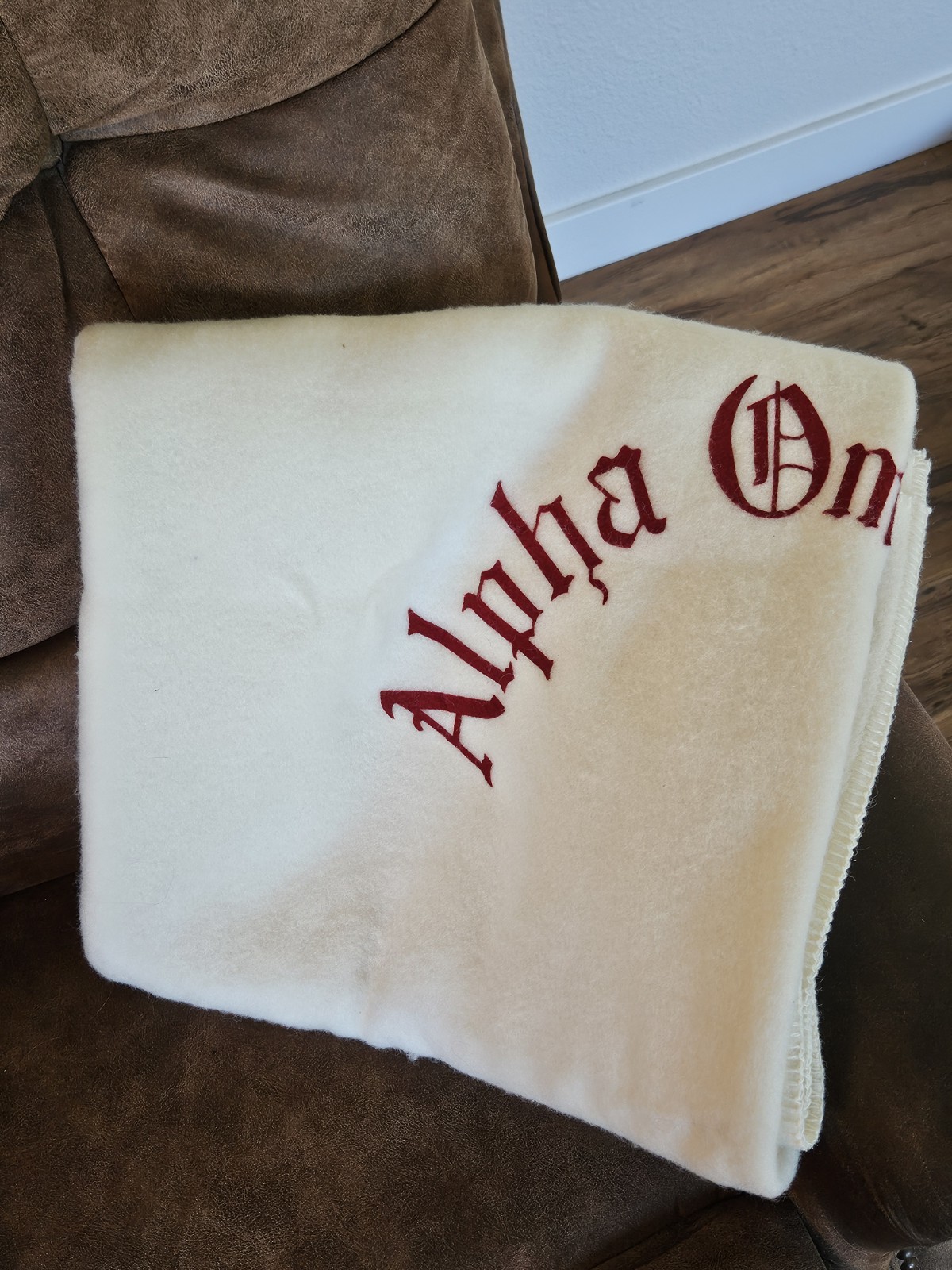 Vintage 1970s Alpha Omicron Pi Sorority Stadium Throw Blanket Gothic Script Vintage 1970s Alpha Omicron Pi Sorority Stadium Throw Blanket Gothic Script
