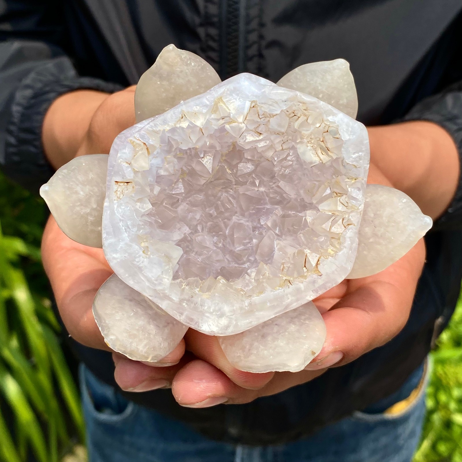 277G Natural Agate Geode Carved Lotus Flower, Hand Carved Healing Crystal Home