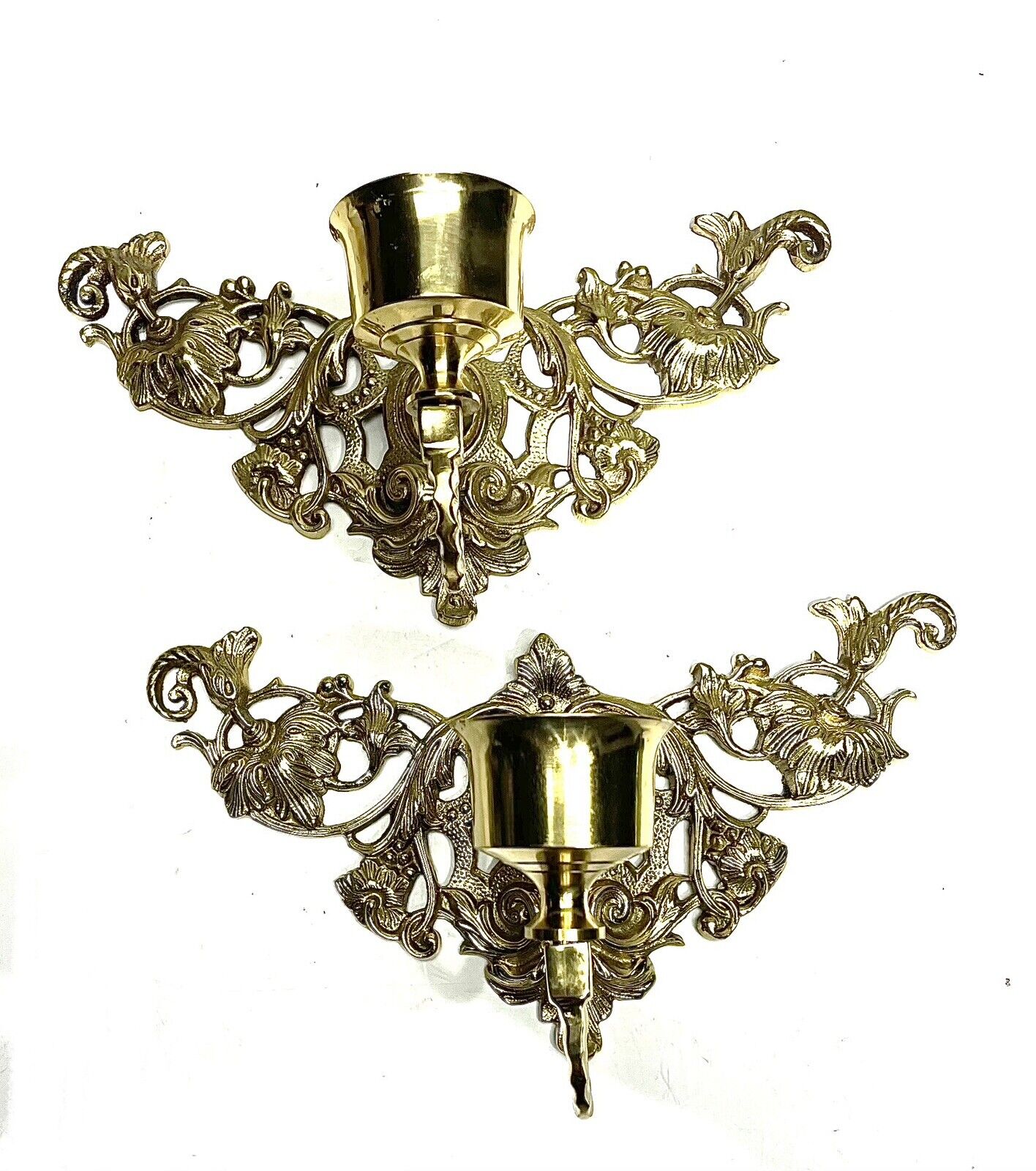 Vintage Ornate Pair of Solid Brass Wall Sconce Candlestick Holders