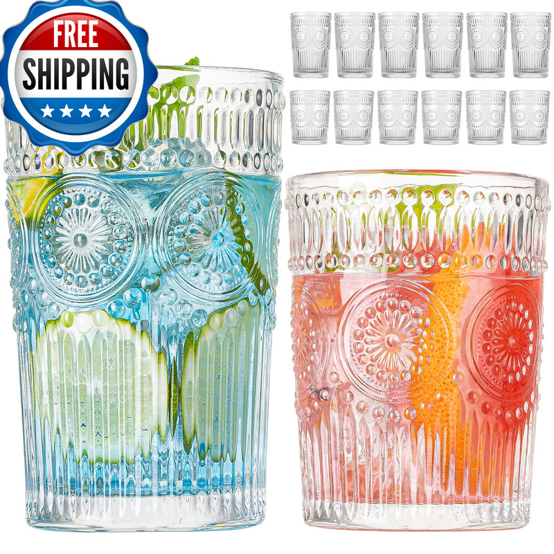 Wookgreat Vintage Drinking Glasses Set Of 12 Textured Clear Striped Glass