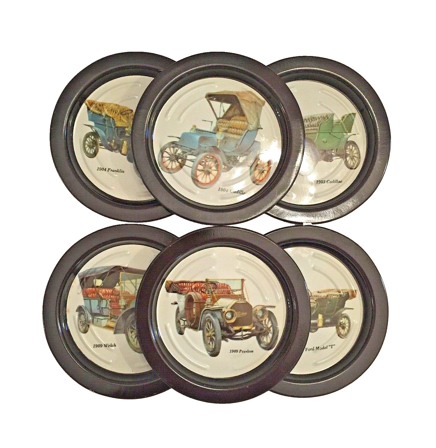 VTG Metal Antique Car Coasters 6Pc Old Autos Retro Barware Bar Copper Tone Brown