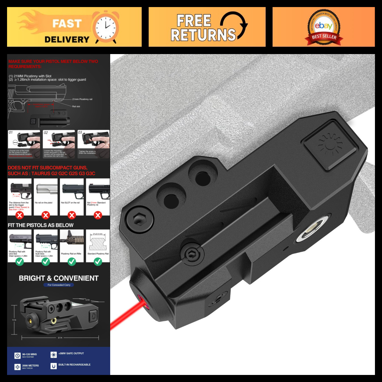 Low Profile Gun Beams with Strobe & Momentary Function - Tactical Light Accessor