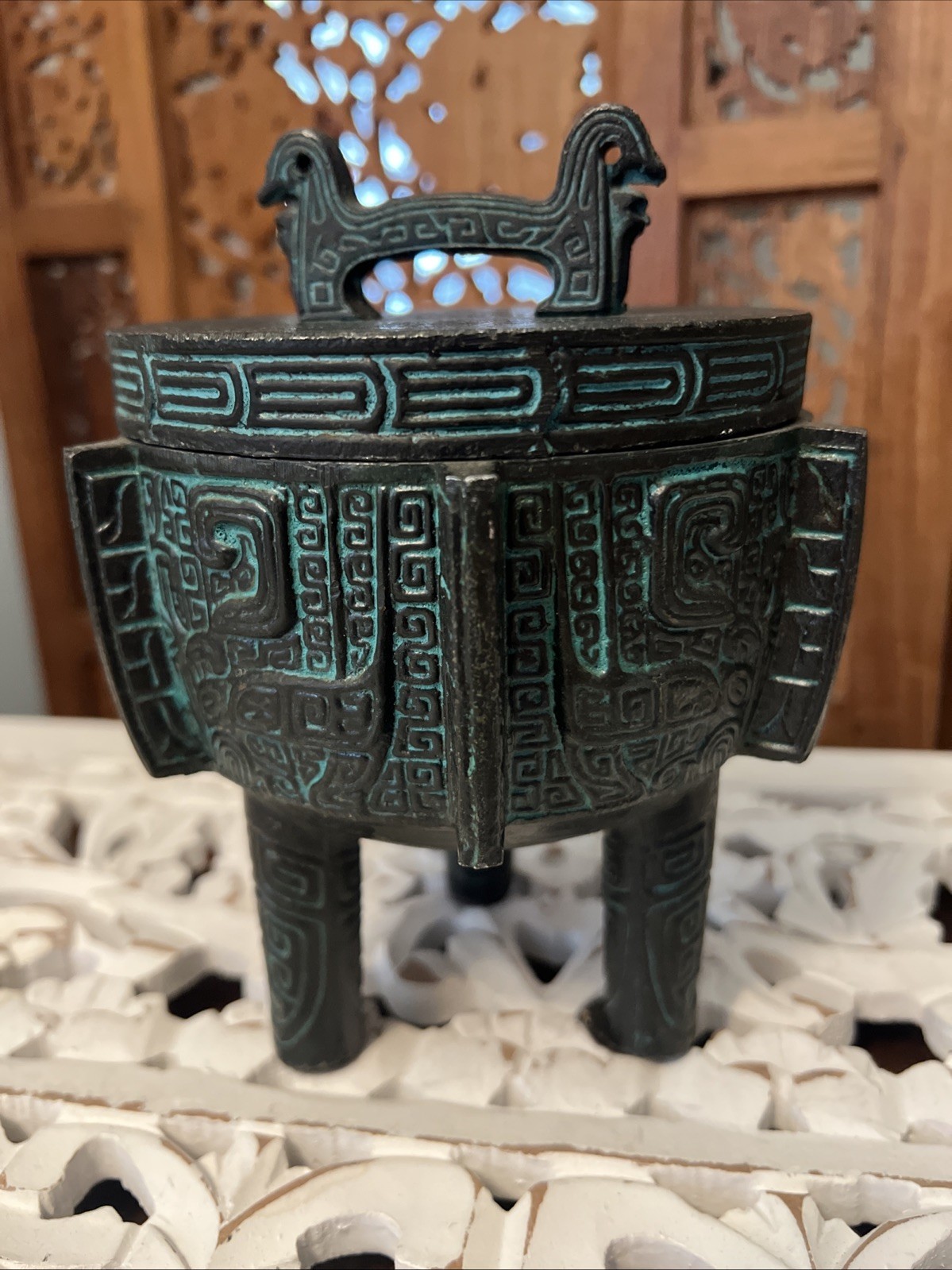 Vintage Copper Ashtray Footed with storage and Felt Pads 7 inch Mayan Inca Style