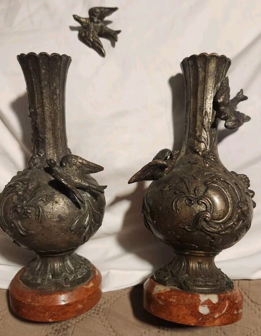 ANTIQUE FRENCH Victorian VASES W/Birds SPARROWS 2-VASE MARBLED BASE *MUST READ