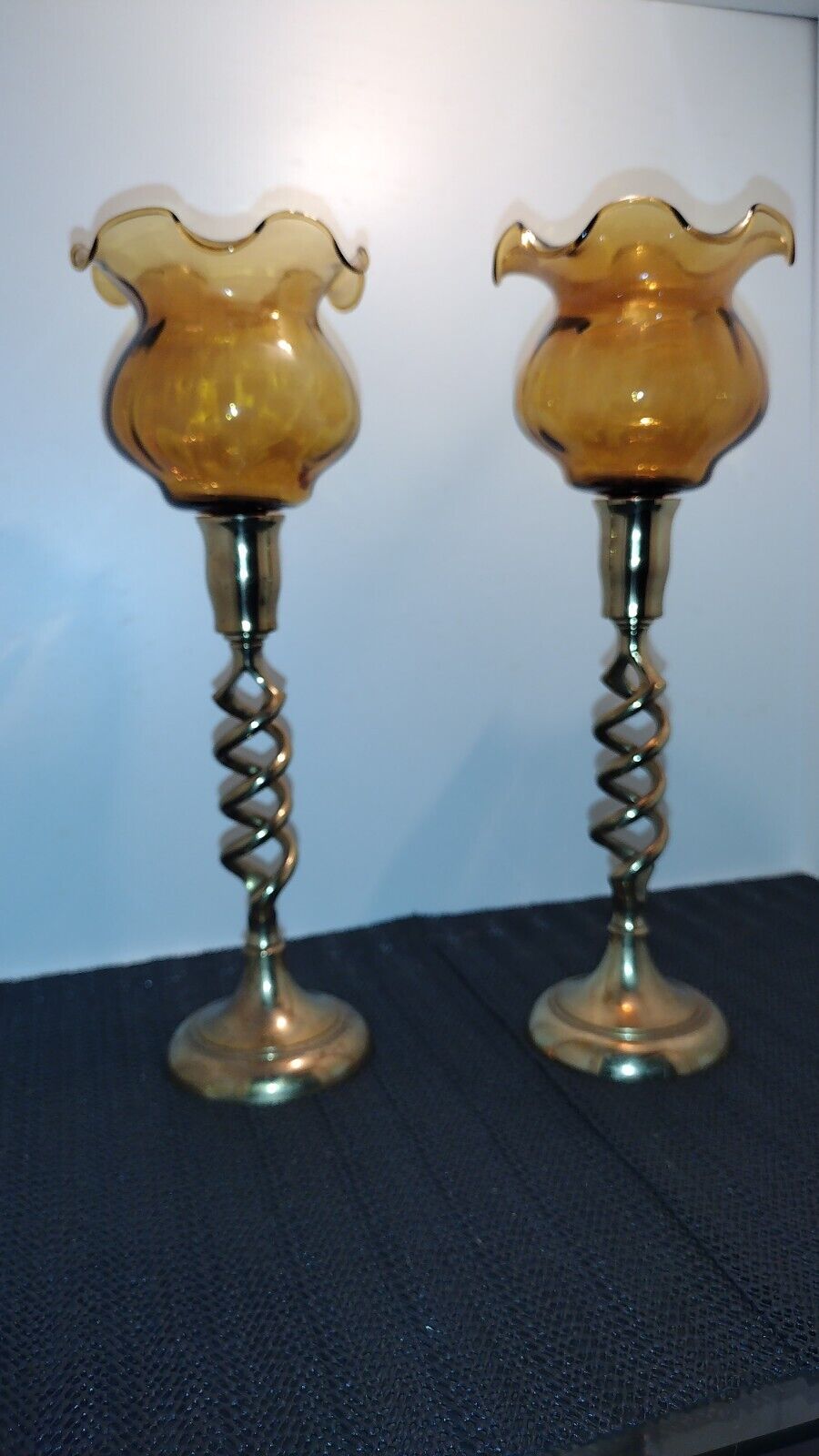 Amber Glass Globes & Brass Candleholder Set