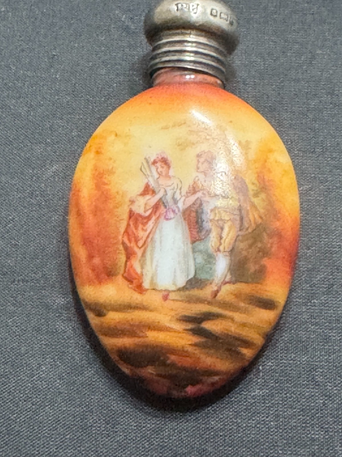 A-047 Antique Vintage French or British Sterling & Porcelain Perfume Bottle
