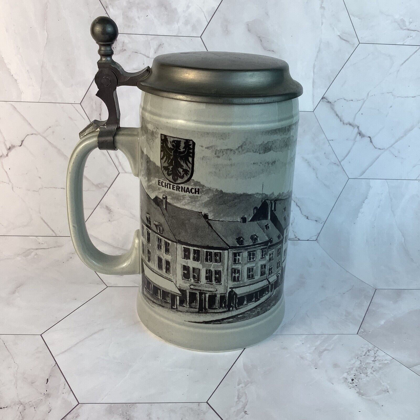 Villeroy And Boch Lidded German Beer Stein With Hinged Pewter Lid