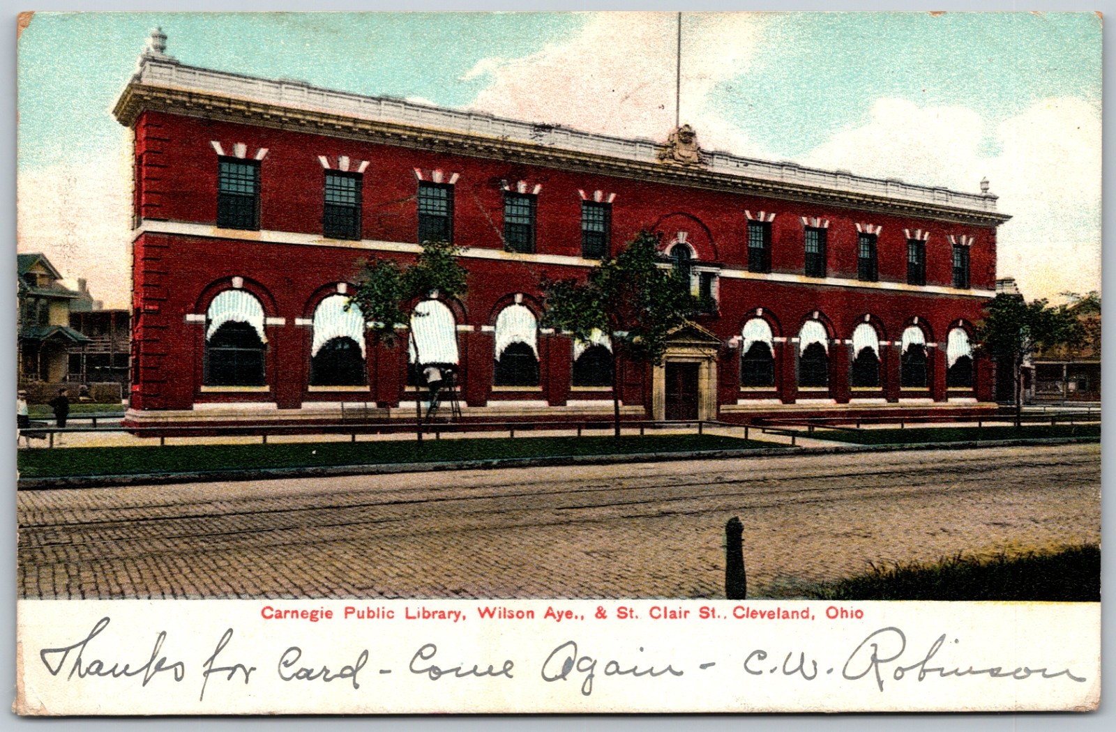 1907 Carnegie Library Cleveland Ohio Brick Building ANTIQUE Postcard 10775