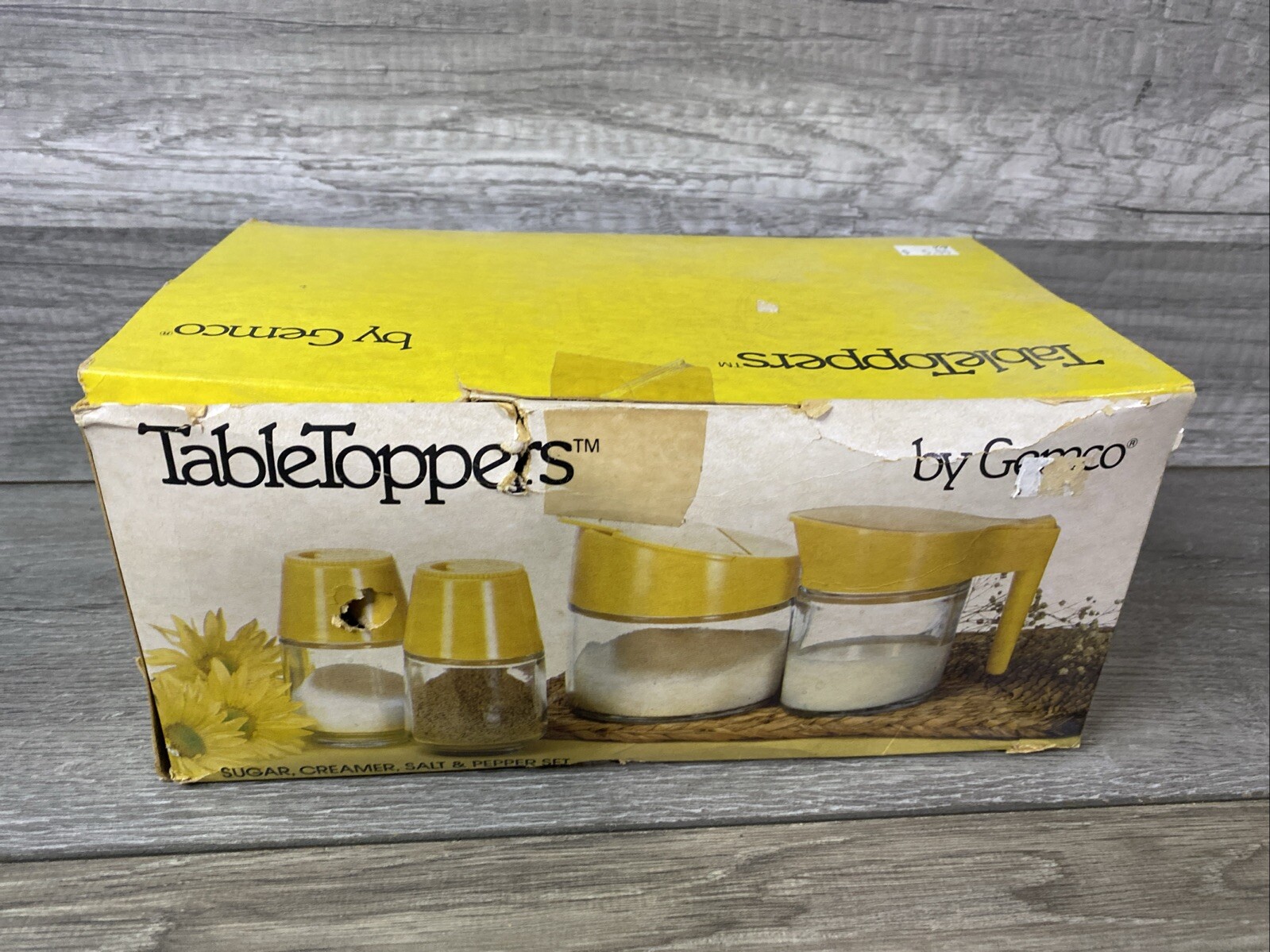 Vintage Gemco Sunshine Yellow Set Sugar Creamer Salt Pepper Shakers Glass w Box