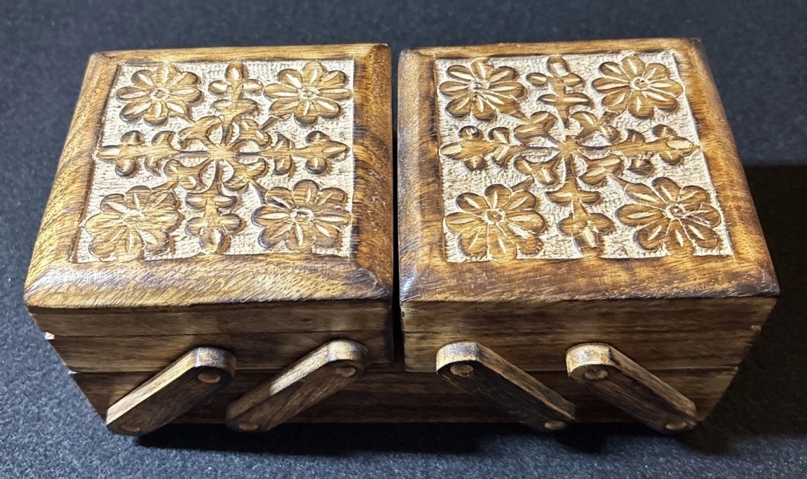My Mela Handmade India Hand Carved Wooden Expandable Sewing Jewelry Box Floral
