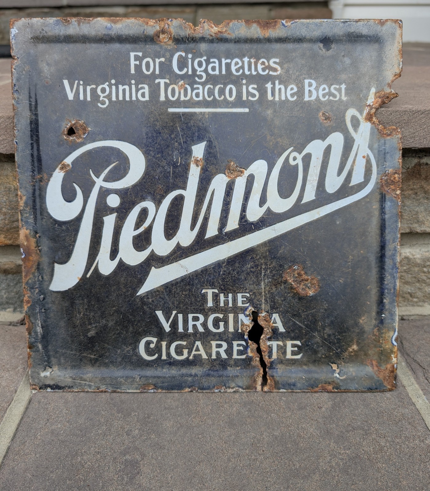 VTG Porcelain Piedmont The Virginia Cigarette Blue Two Sided Advertisement Sign