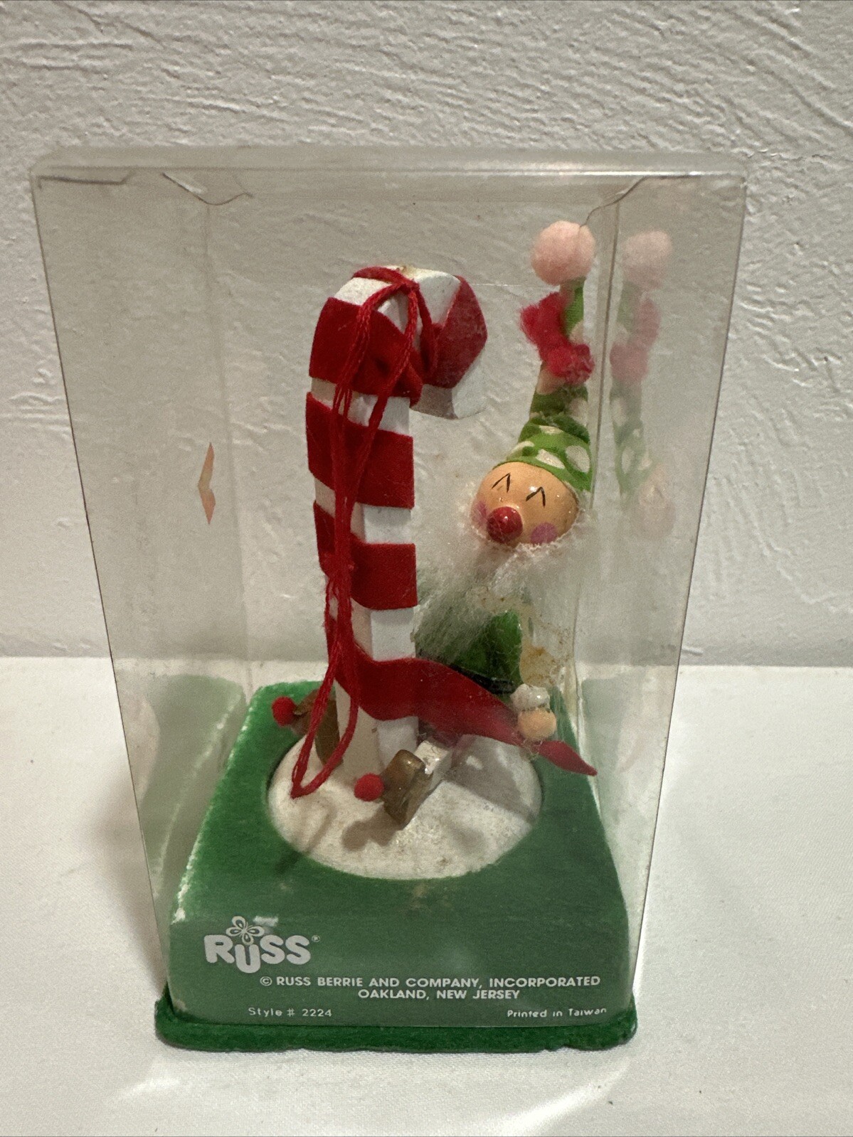 Russ Berrie ELF Wooden Christmas  tree Ornament candy cane Plastic case Vtg