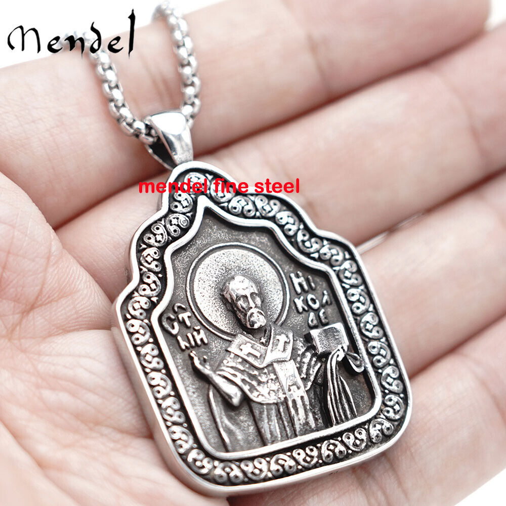 MENDEL Religious Orthodox St Saint Nicholas Medal Medallion Pendant Necklace Men