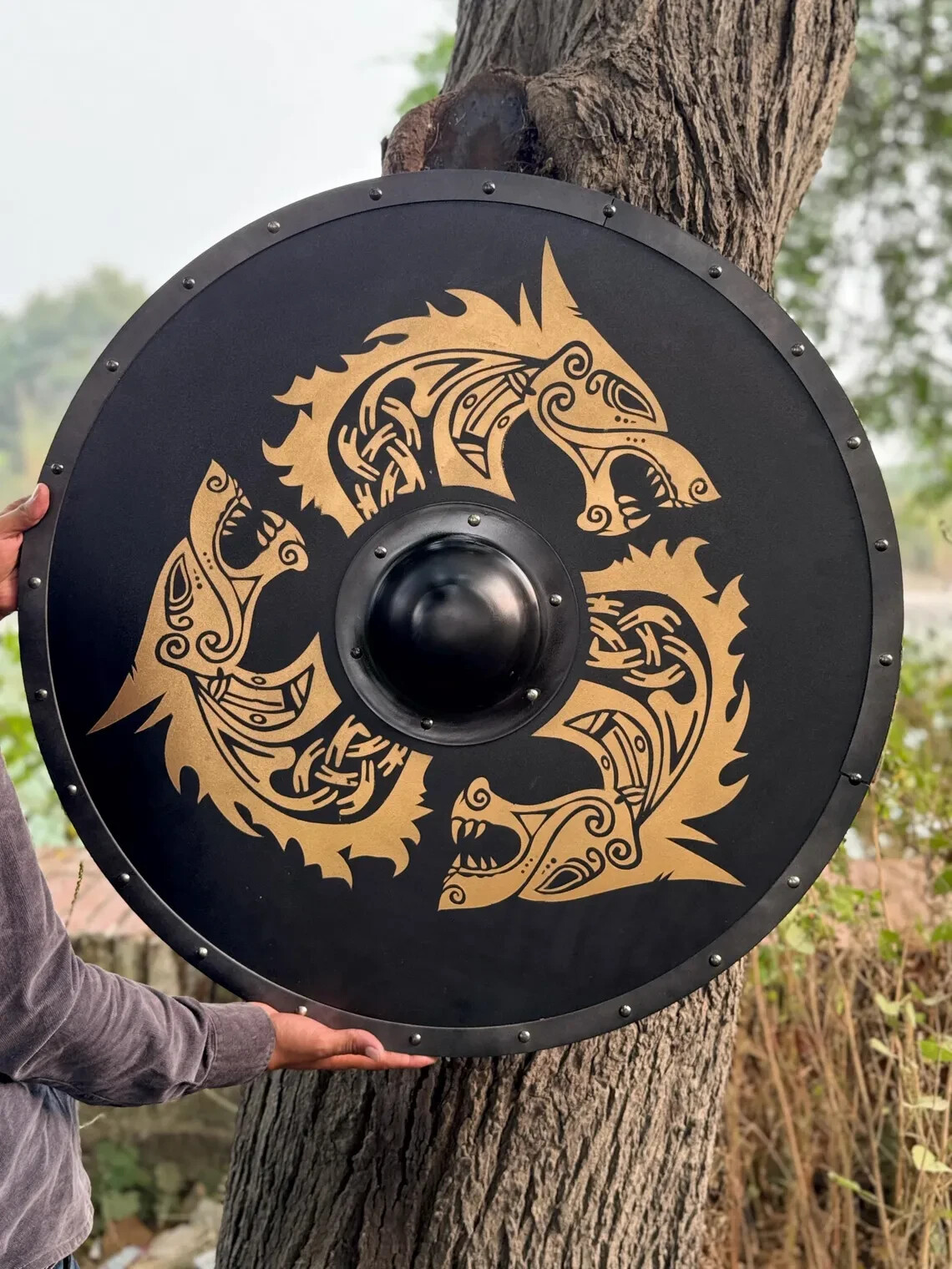 Wall Decor Wooden Viking Shield | Fenrir Golden Wolf Norse Shield 24\