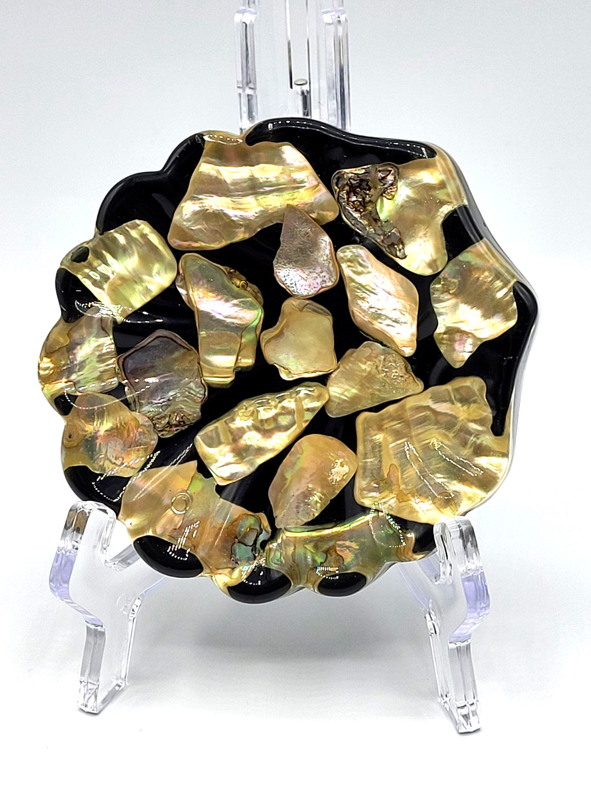 VTG. 70's Abalone Shell Lucite Resin Trivet /Trinket Dish Scalloped Edge Glows