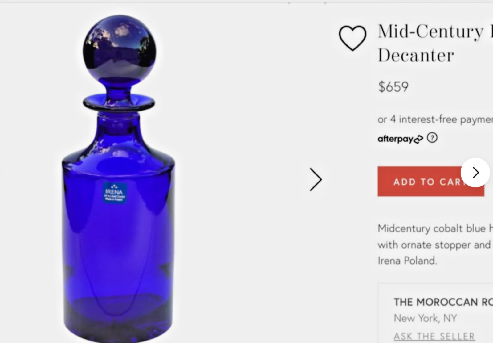 Gorgeous Irena Mid Century Cobalt Blue Crystal Glass MCM Decanter Poland