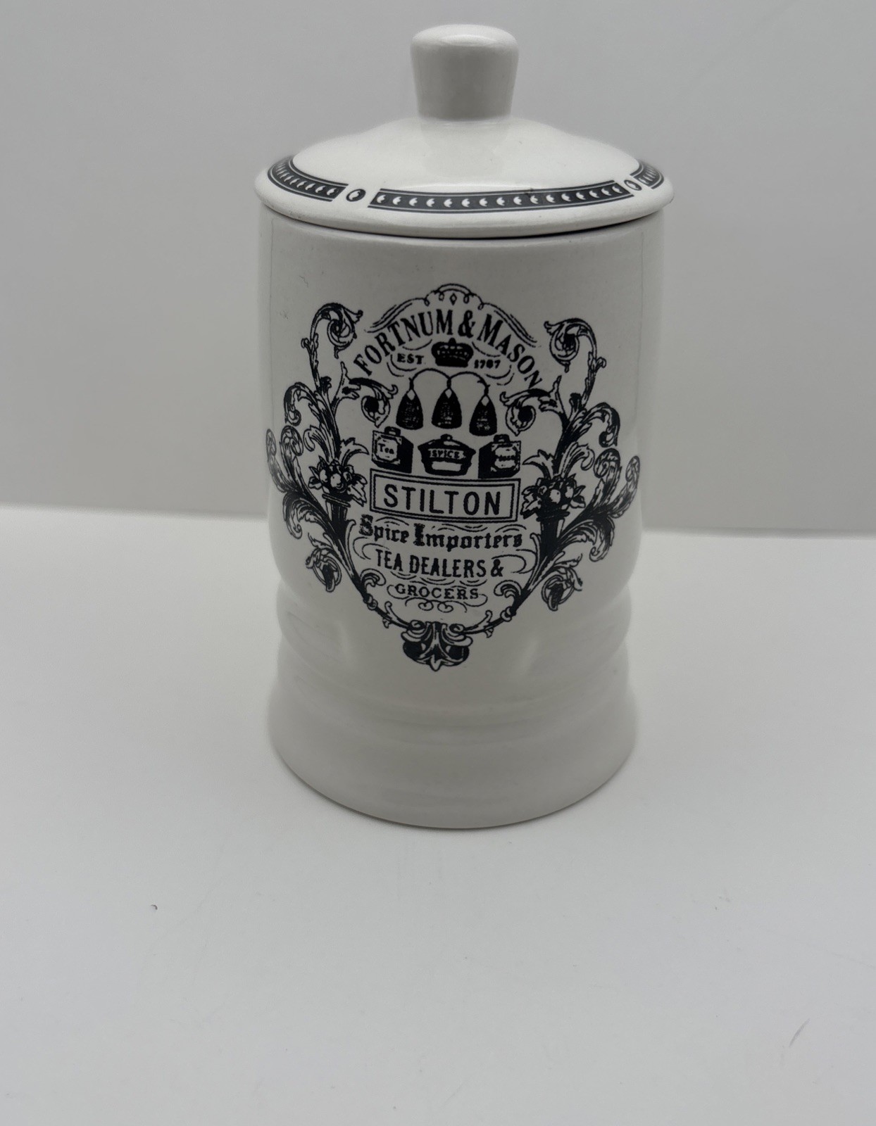 Fortnum & Mason Porcelain Jar Vintage Black And White Ornate 1707  Lid Stamped