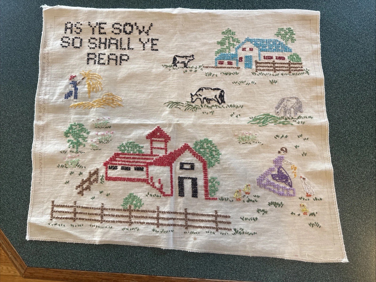 VTG HAND STITCHED SAMPLER “AS YE SOW, SO SHALL YE REAP” 18 X 21 OLD PENNSYLVANIA